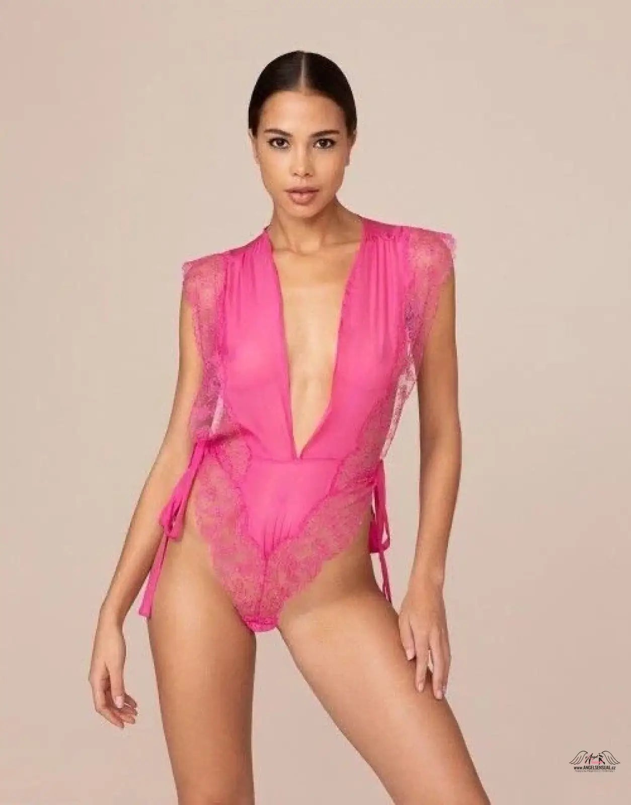 Hot pink lace-trimmed hedvábné body Agent Provocateur Body Willa Teddy Pink