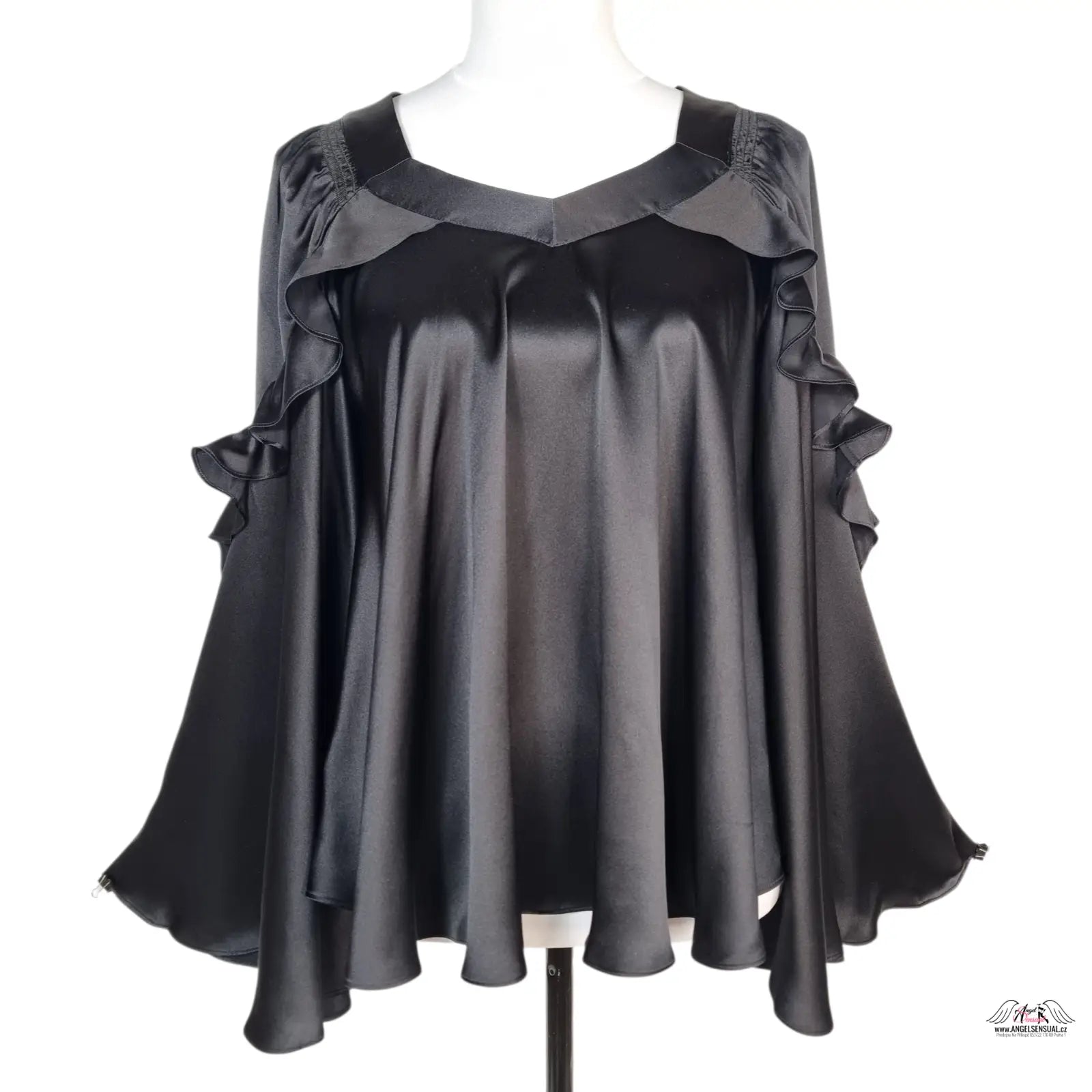 Agent Provocateur Hedvábná Košilka May Babydoll černá s ruffled dlouhými rukávy