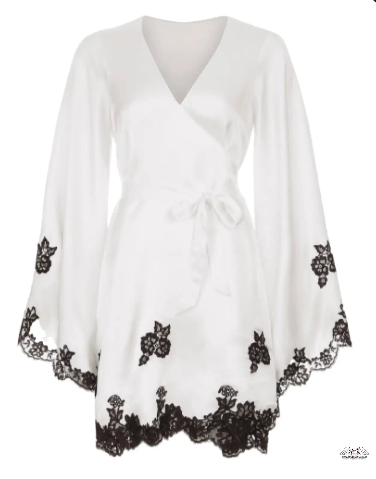 Bílé zavinovací šaty s černým krajkovým lemem z luxusního Kimono Gulia
