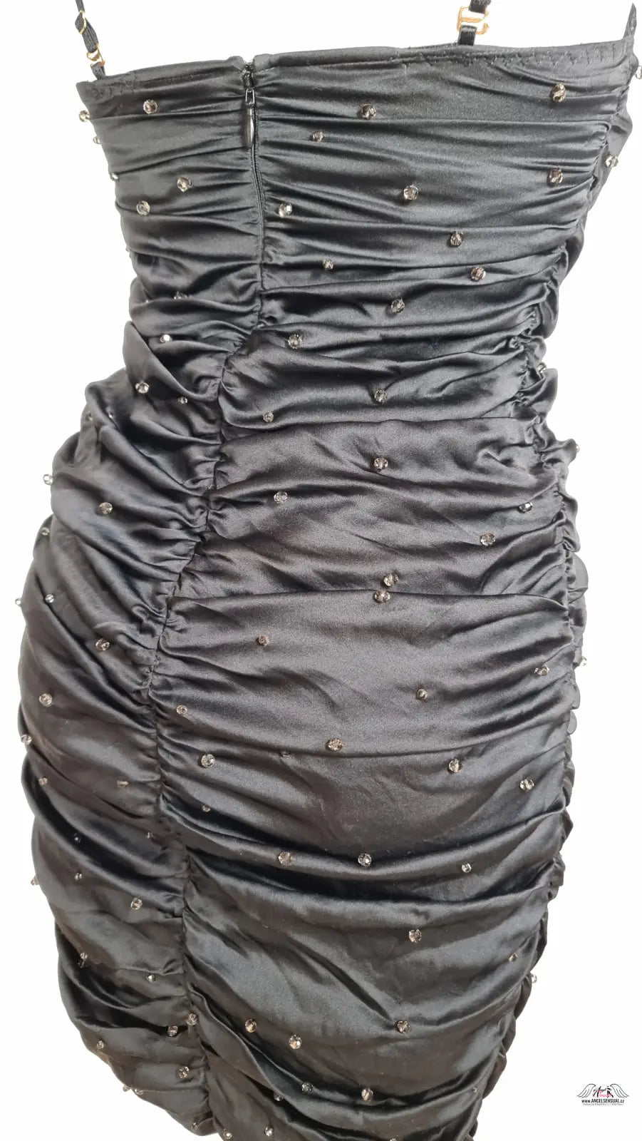 Černé večerní útlé šaty Mareko s ozdobnými kamínky a strapless ruched design