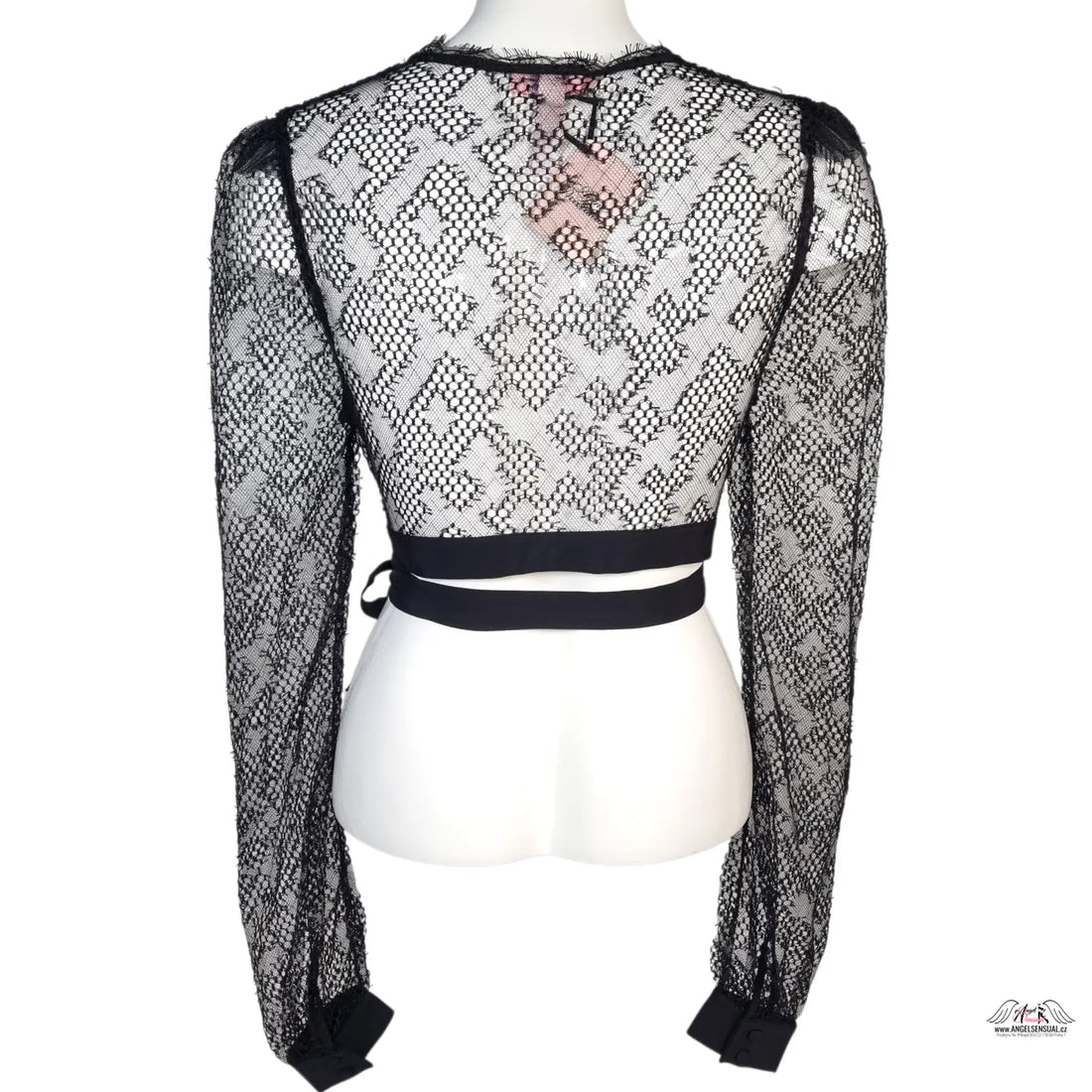 Agent Provocateur Elsey Wrap Top černé průhledné dlouhý rukáv s geometrickým vzorem