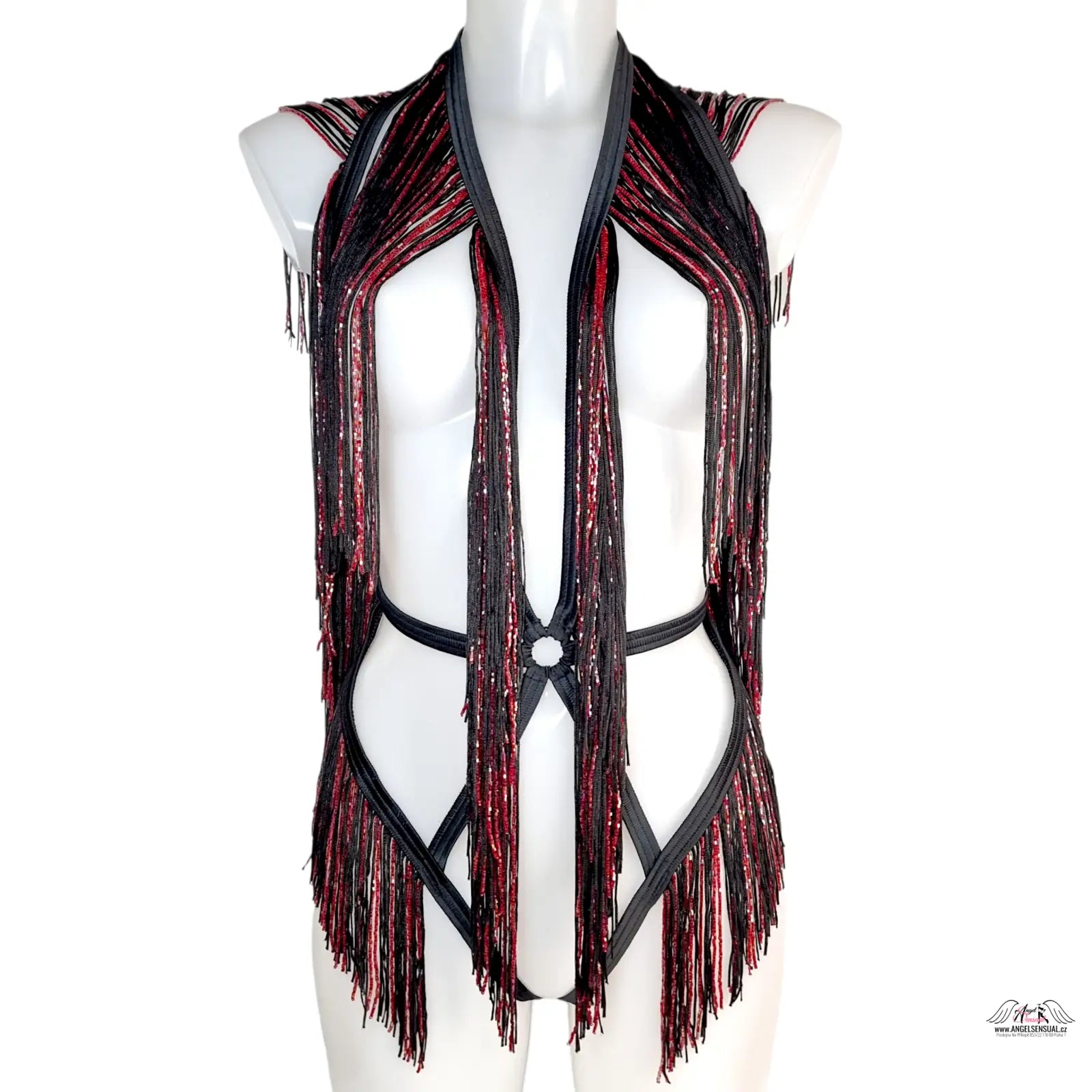 Black and red fringe vest with leather accents from Agent Provocateur Korálkový Playsuit Inga