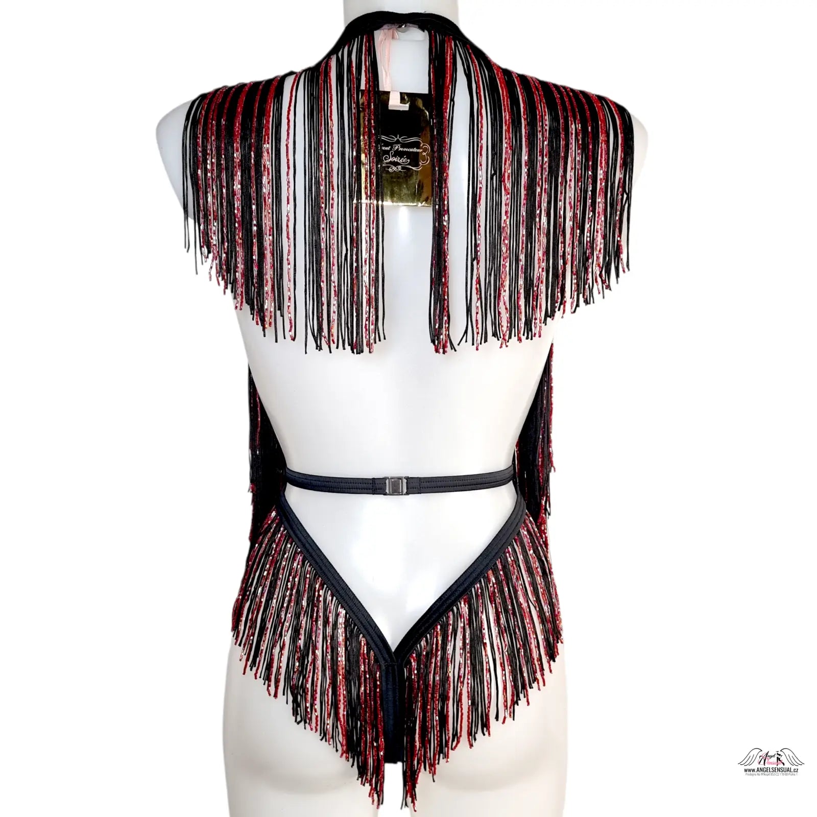 Černý sequinový top s třásněmi a stříbrnými detaily v halter designu, agent provocateur