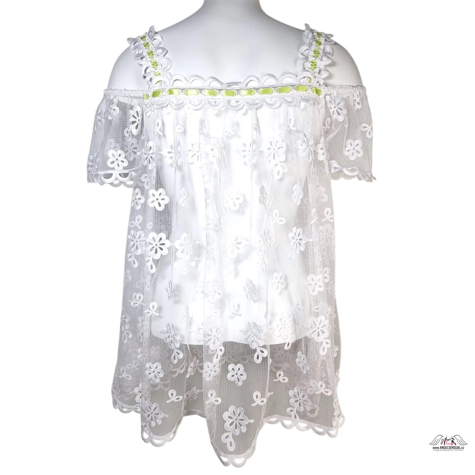 Bílý krajkový župánek laurelie babydoll s květinovou výšivkou a zeleným lemem