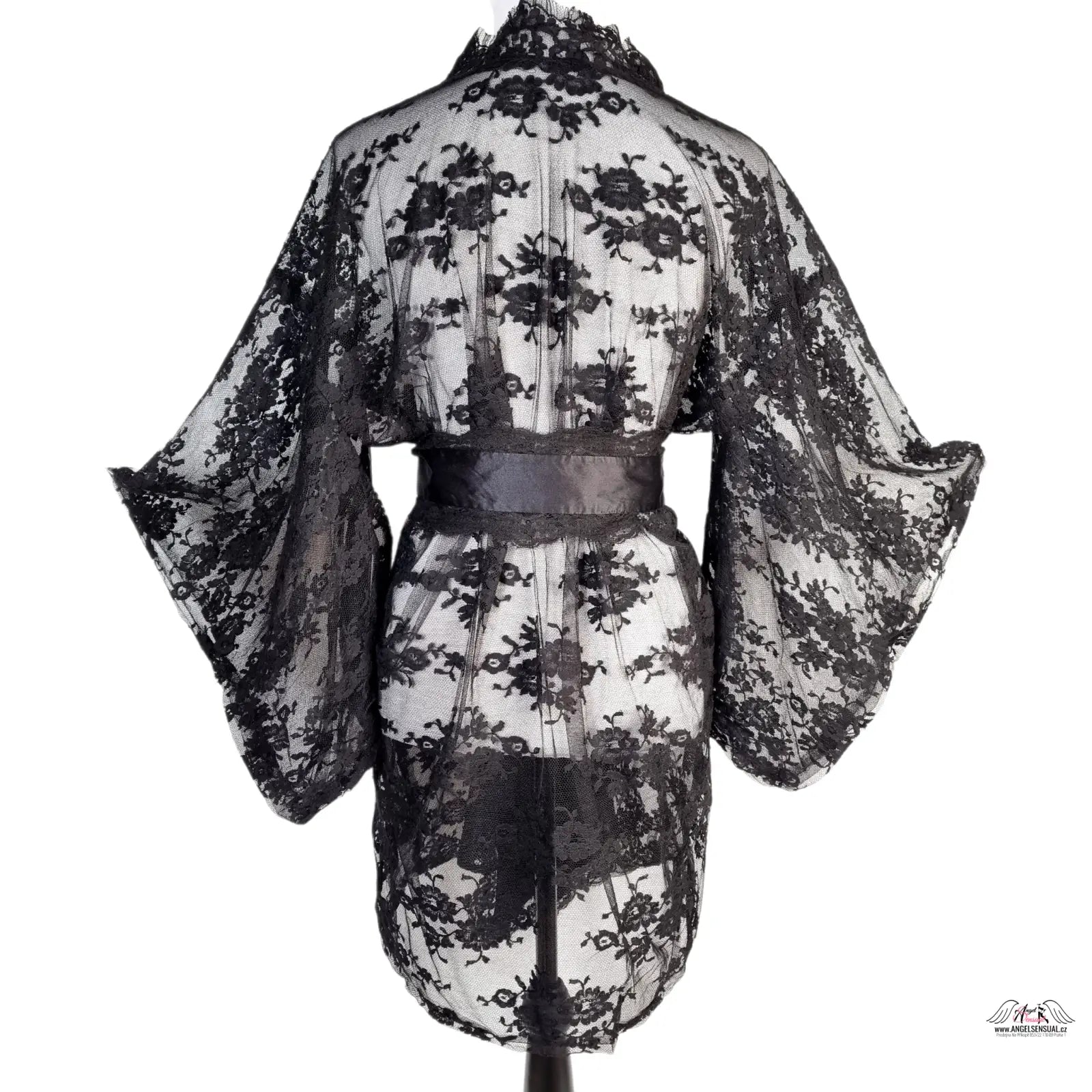Černé průhledné krajkové kimono Matinee s širokým páskem od Agent Provocateur