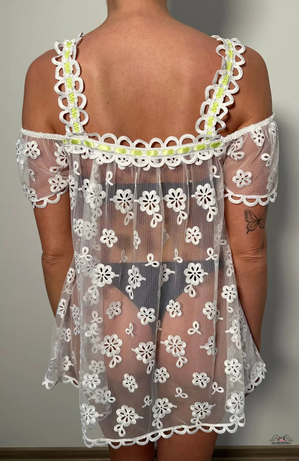 Sheer květinová off-shoulder blůza s krajkou a barevnými popruhy Župánek Laurelie Babydoll