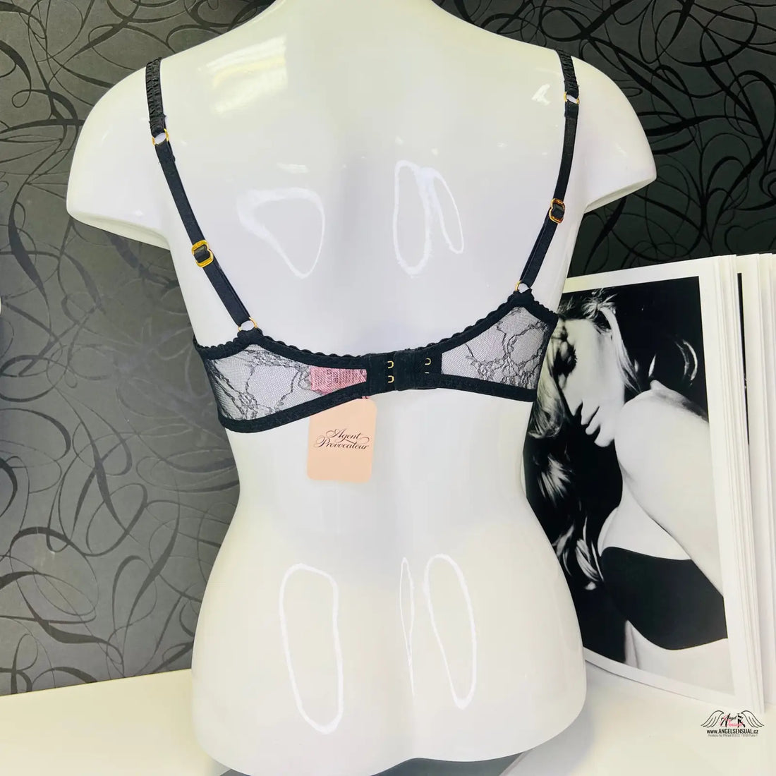 Lace bra on mannequin from Agent Provocateur Larreta collection, elegant larreta bra black