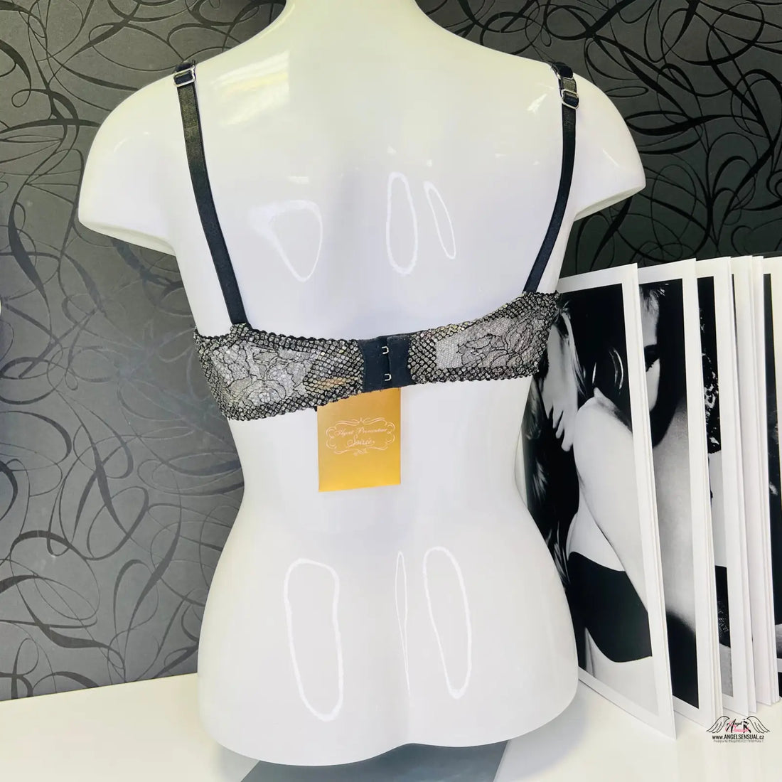 Mannequin s černou stříbrnou podprsenkou Sianna bra black a obrázek ženy