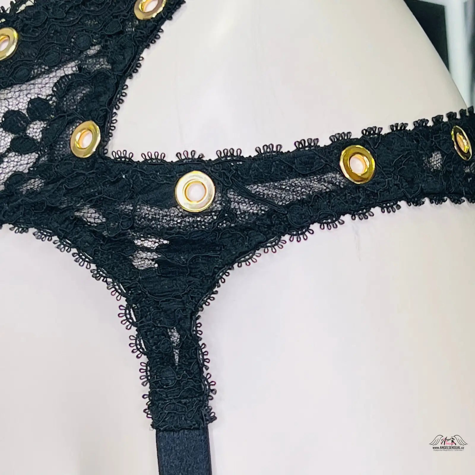 Agent Provocateur Stevie suspender black s francouzskou krajkou a zlatými gromety