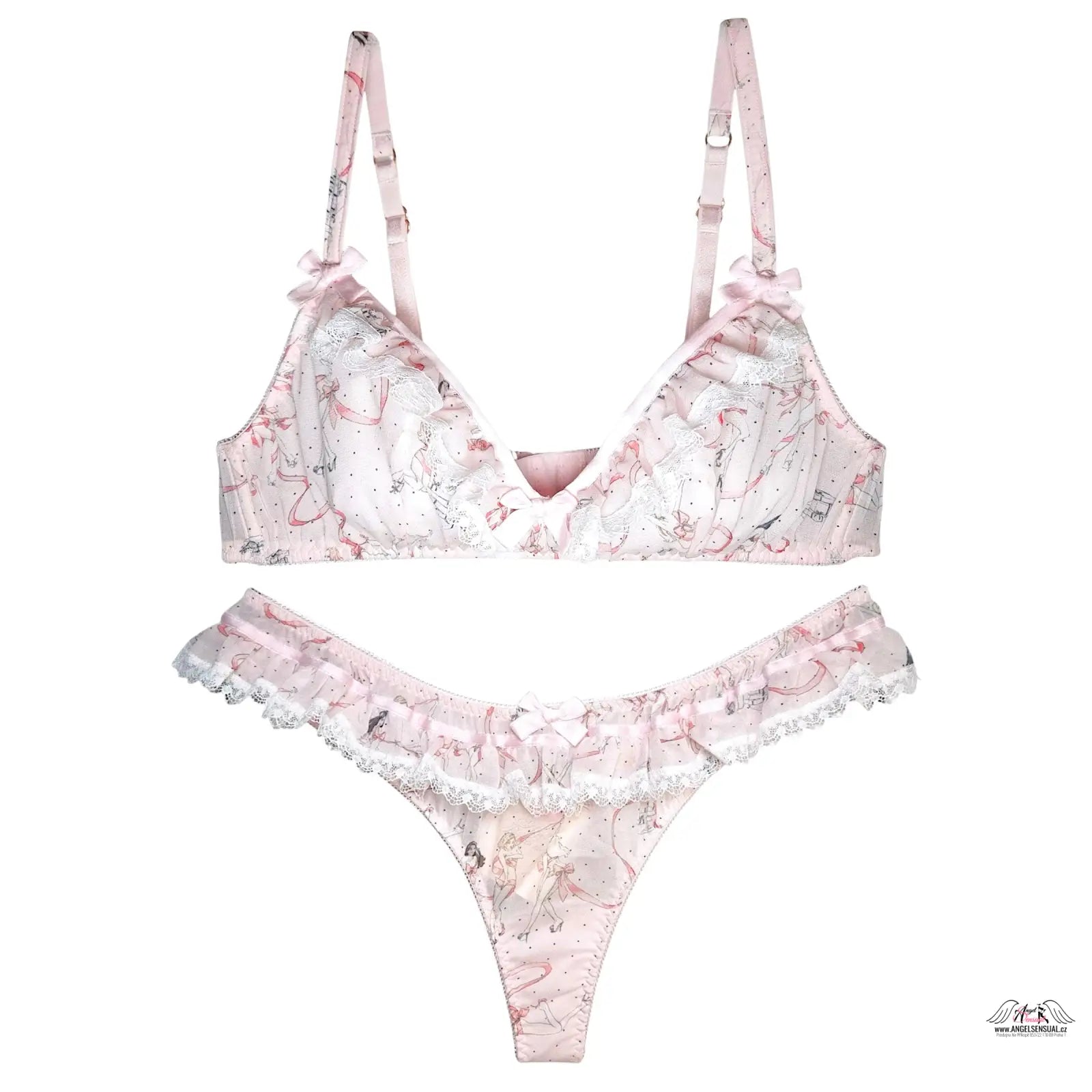 Růžová a bílá sada spodního prádla Cinta s tiskem baletky, krajkou a satinovými popruhy. Automatická sleva na celou objednáv