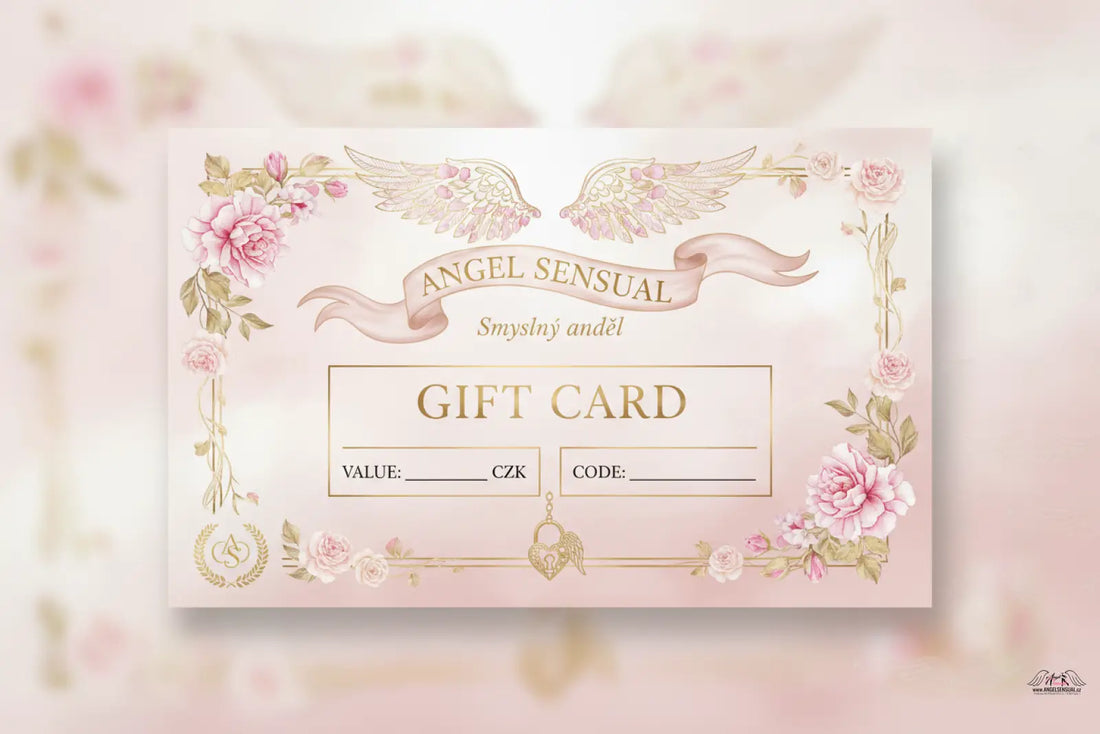 Růžovo-zlatá vintage květinová dárková karta Victoria’s Secret s křídly, andělsky smyslná lingerie