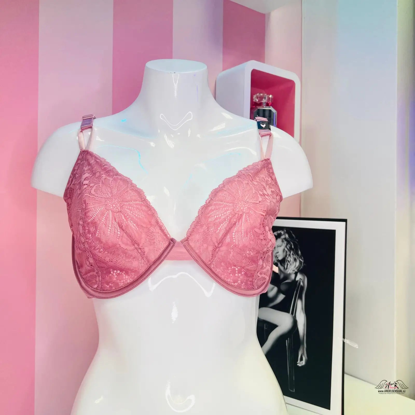 Růžová krajková podprsenka na bílém manekýnu elegantní Krajková Podprsenka Bez Košíčků