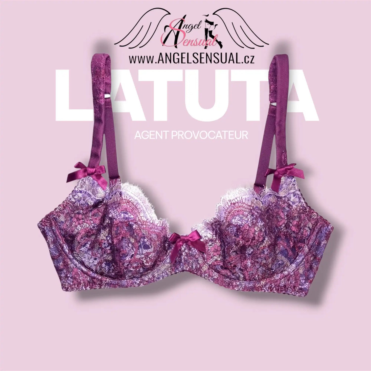 Fialkové krajkové podprsenky s květinovým vzorem a mašňovým detailem.