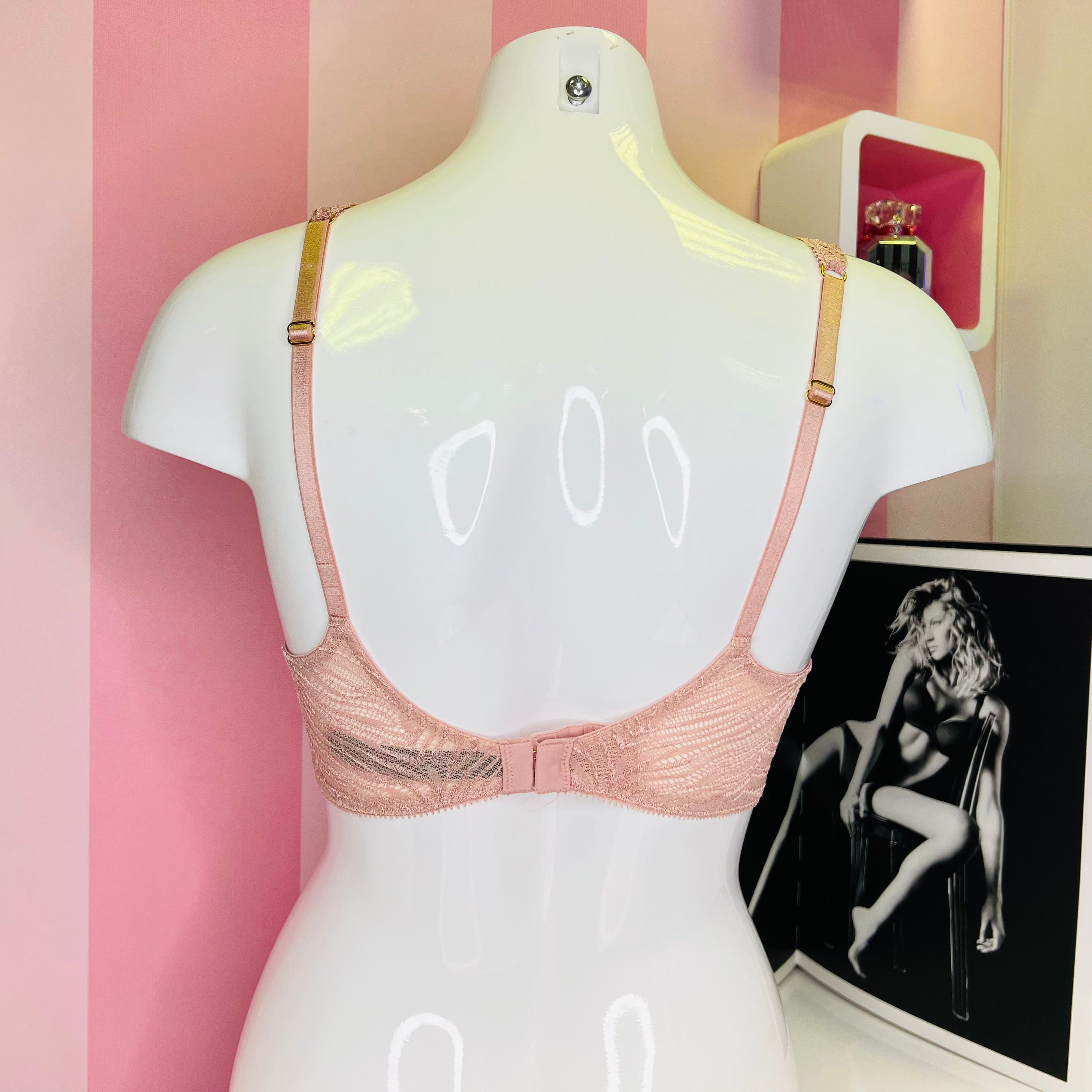 Arafed mannequin s růžovou krajkovou podprsenkou s vyztužením a fotkou ženy
