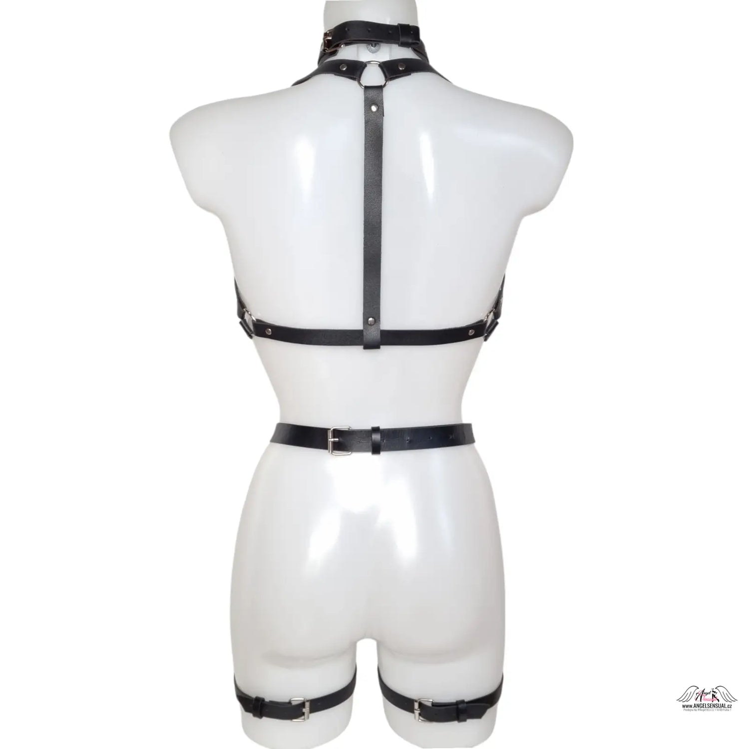 Nastavitelný kožený postroj Angel Sensual Black Rose s kovovými sponami