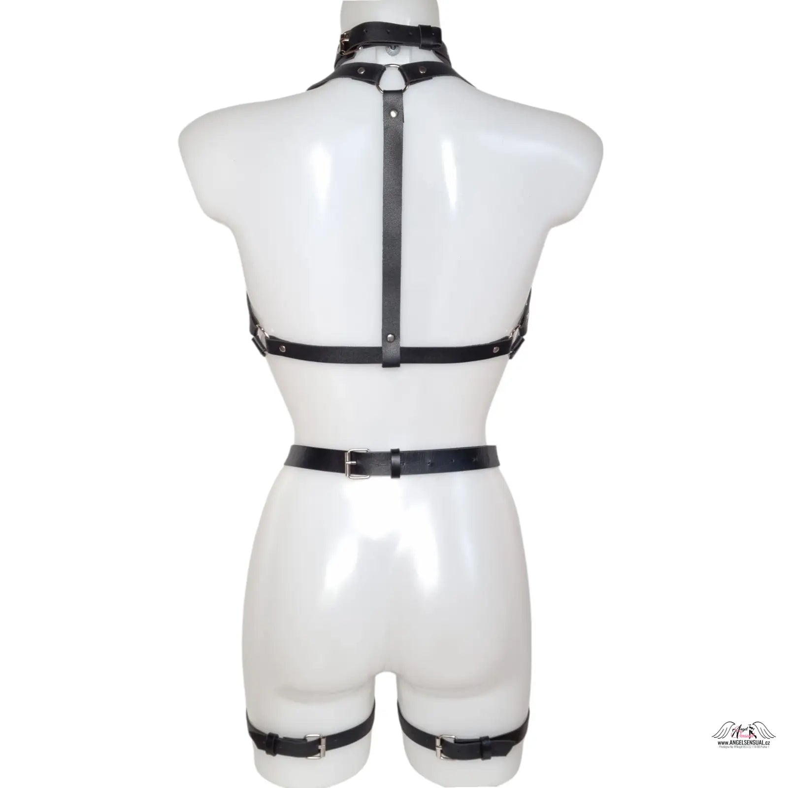 Nastavitelný kožený postroj Angel Sensual Black Rose s kovovými sponami