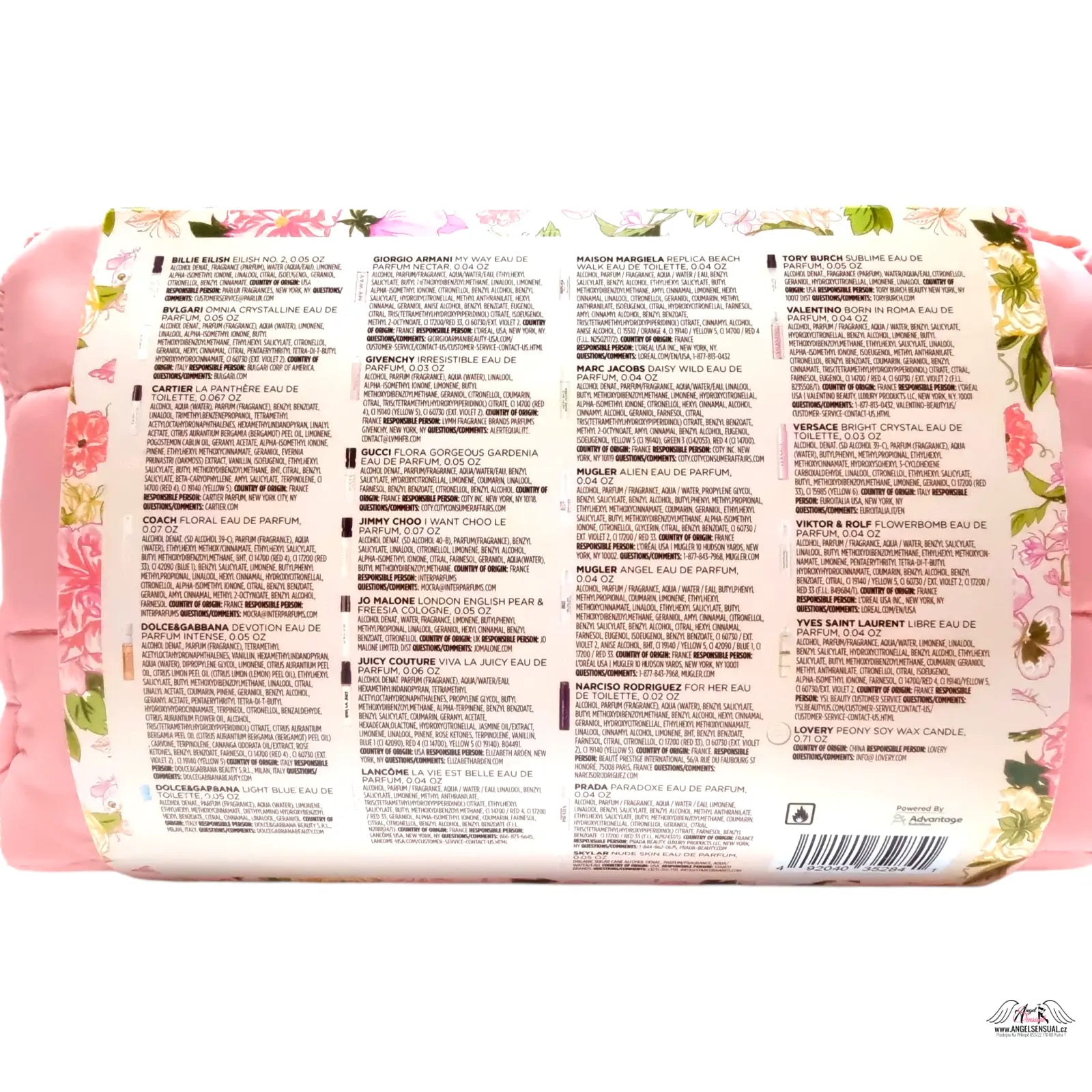 Růžová kosmetická taška s květinovým vzorem a informacemi o sadě obsahuje Dolce&Gabbana for her