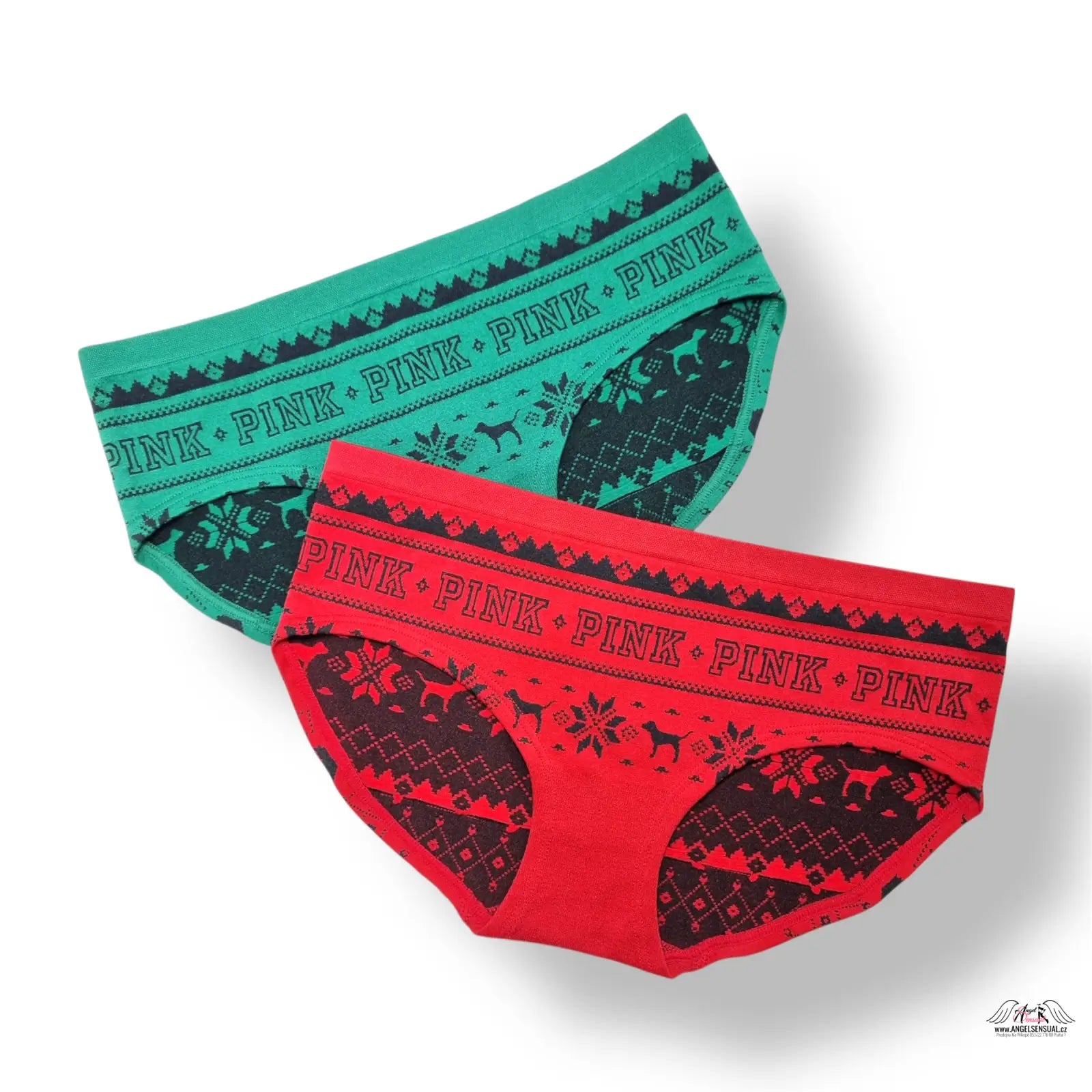 Červené a zelené kalhotky PINK s motivem sobů, lingerie