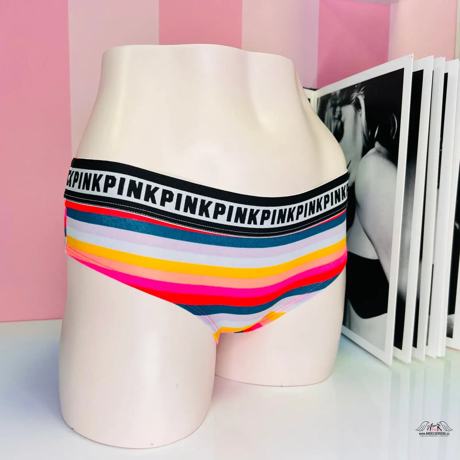 Manekýn spodní část těla v barevné pruhované lingerie s nápisem PINK, vzory, apparel & accessories