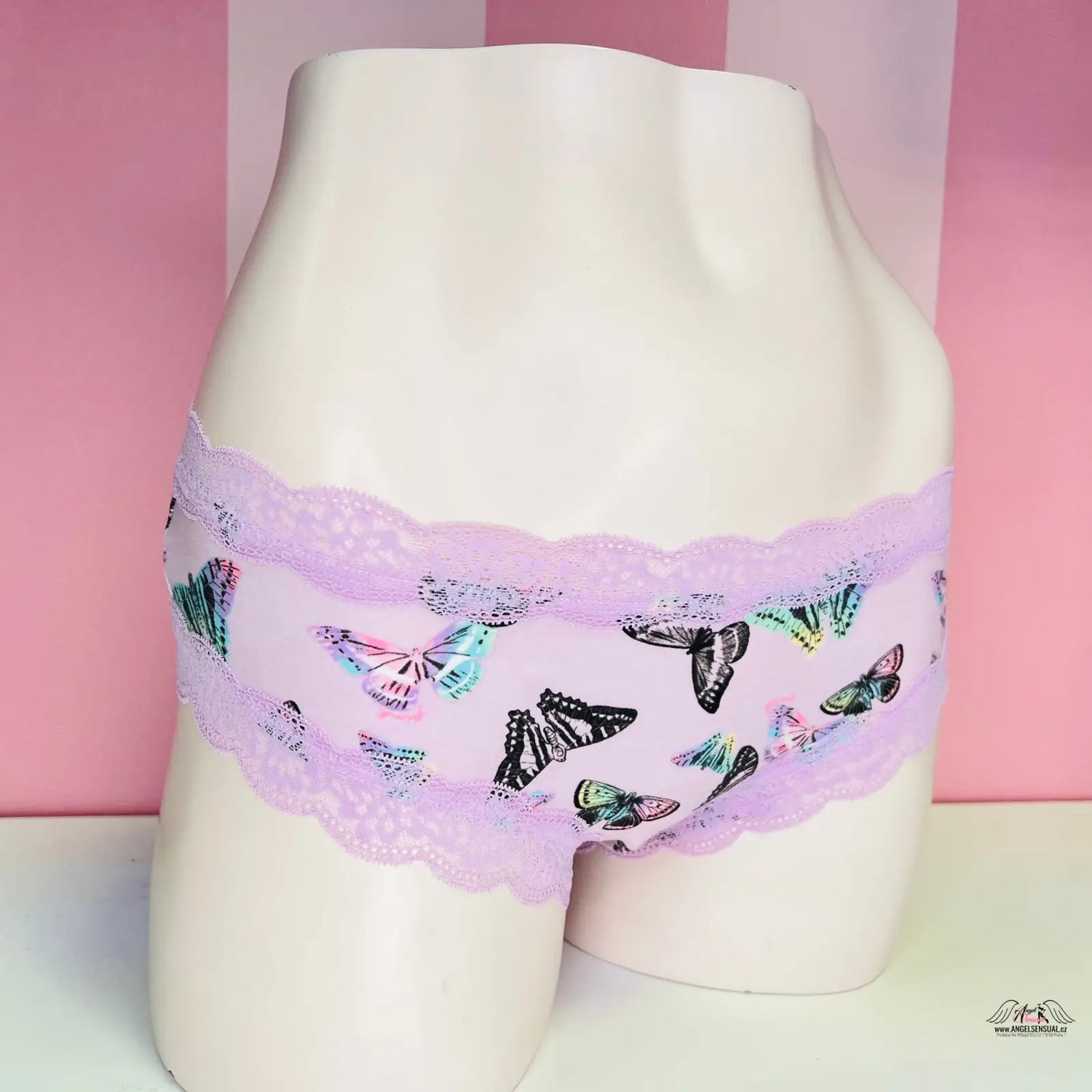 Pohled na dámské bavlněné kalhotky lemované jemnou krajkou s motýlkovým vzorem