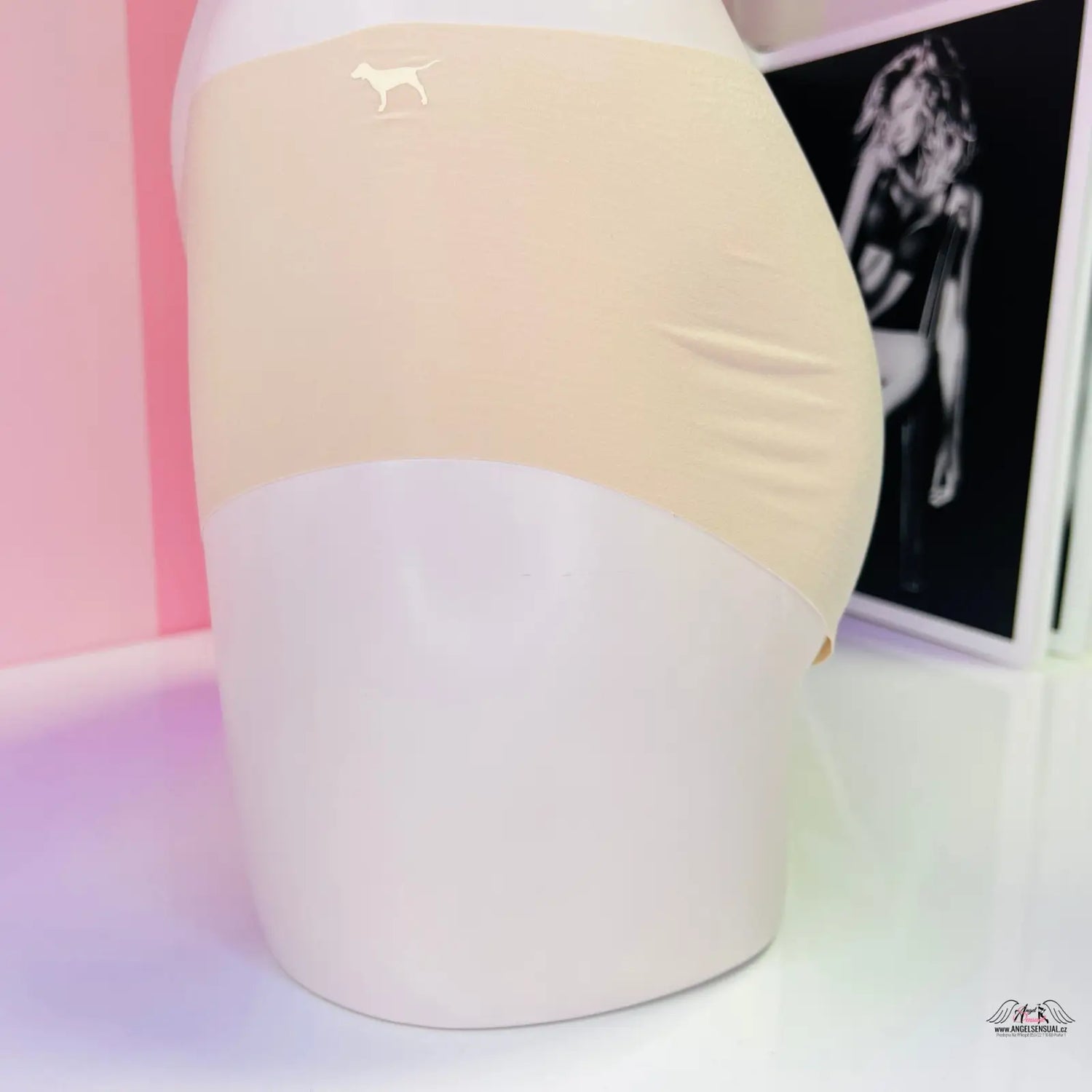 Bezešvé kalhotky PINK s logem pejska na bílé váze, levé straně s růžovým pozadím