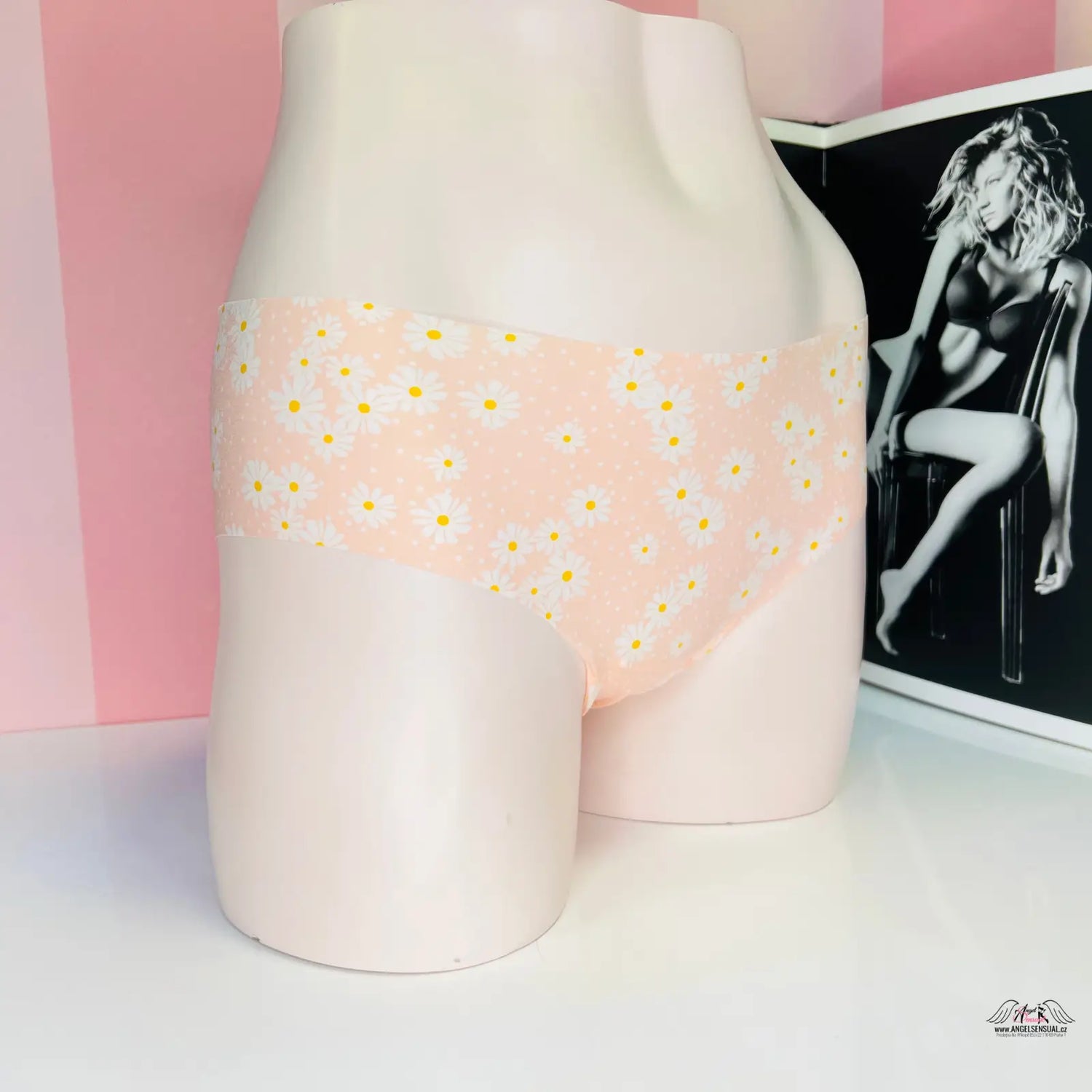 Manekýn s obrázkem ženy v bikinách na balení PINK Cheekster Bezešvé Kalhotky vícebarevné bezešvé kalhotky