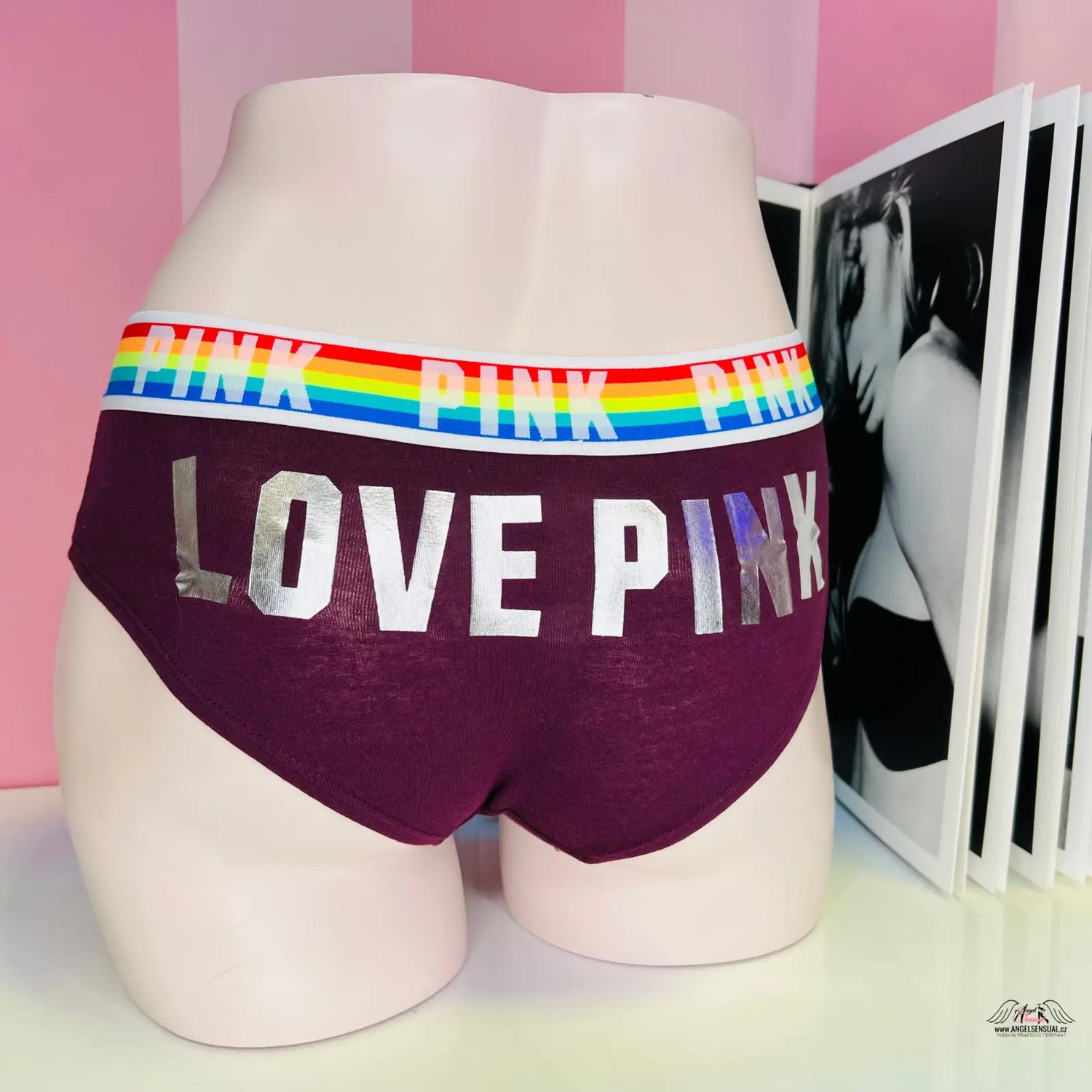 Fialové gumou hipster spodní prádlo s duhovým pasem a nápisem LOVE PINK