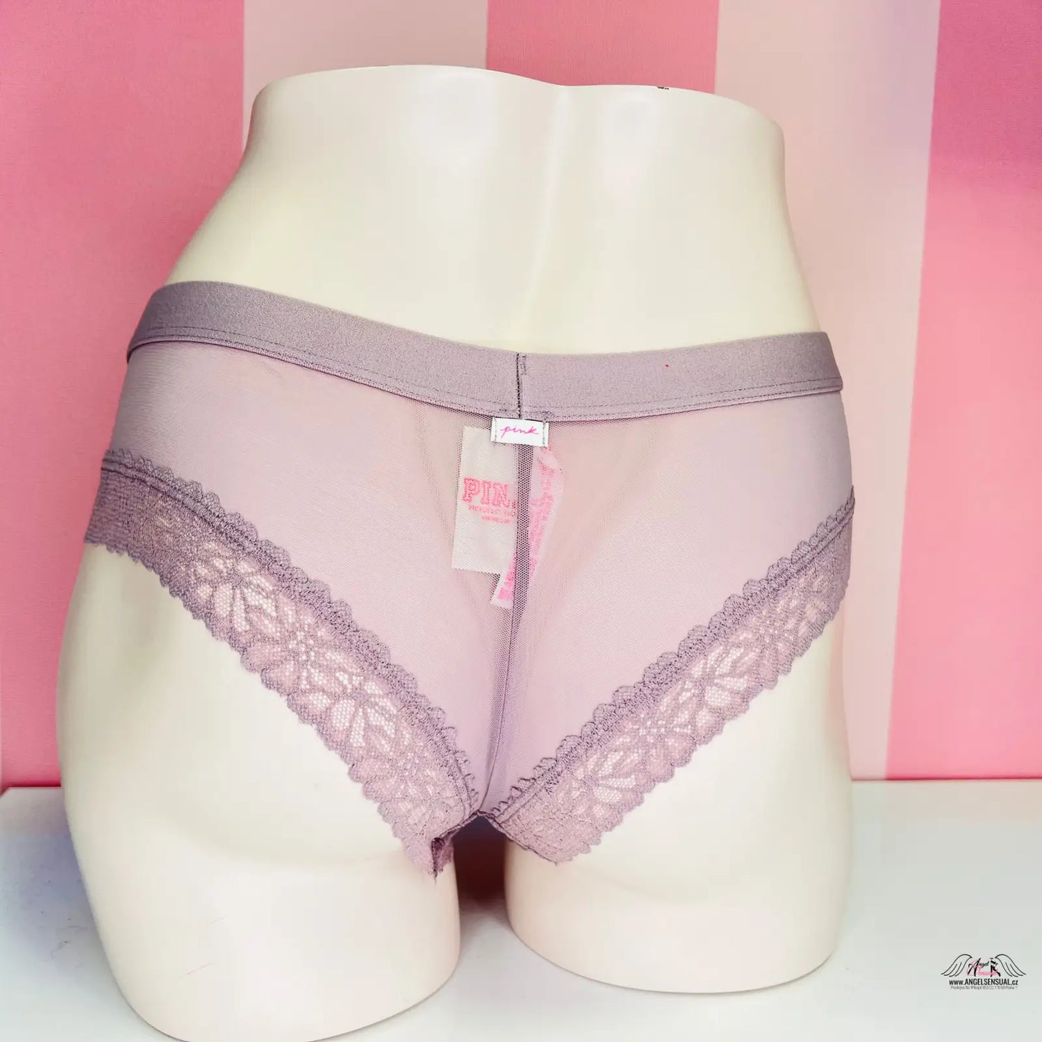 Lavender lace-trimmed panties with jemnou síťovinou, zadní straně, PINK Kalhotky Cheekster