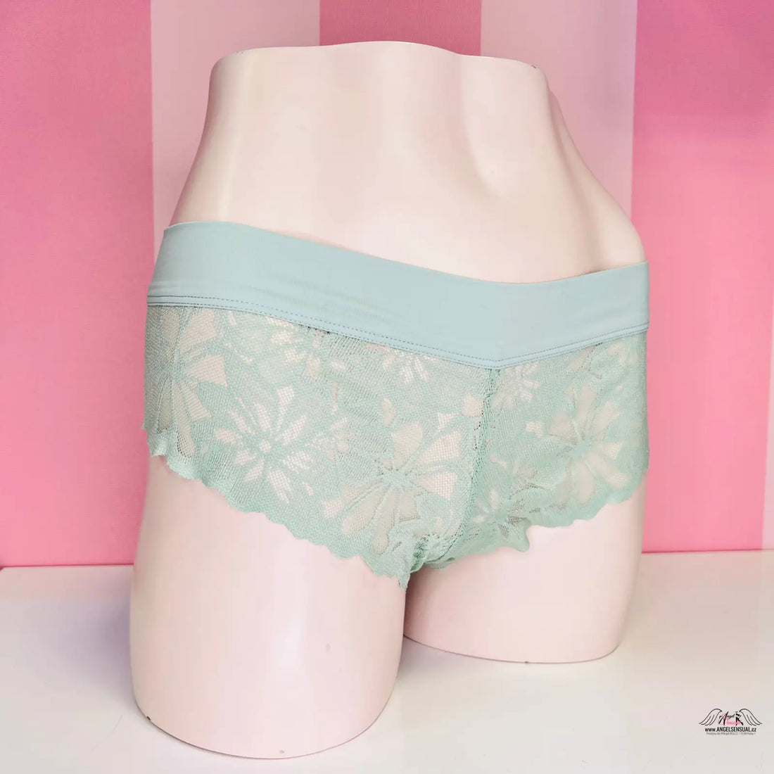 Mint zelené krajkové kalhotky PINK Kalhotky Krajkové Cheekster na figuríně, dámské spodní prádlo