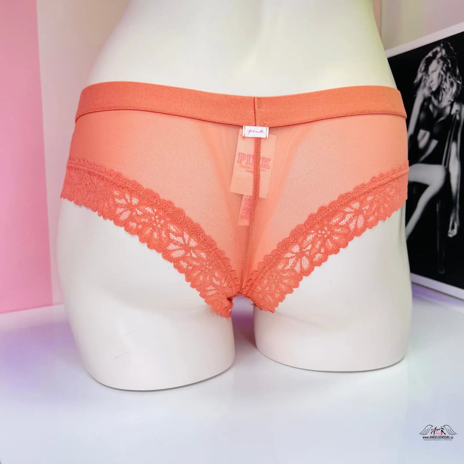 Peachové krajkové brazilské kalhotky s leopardím vzorem a krajkou, PINK Kalhotky