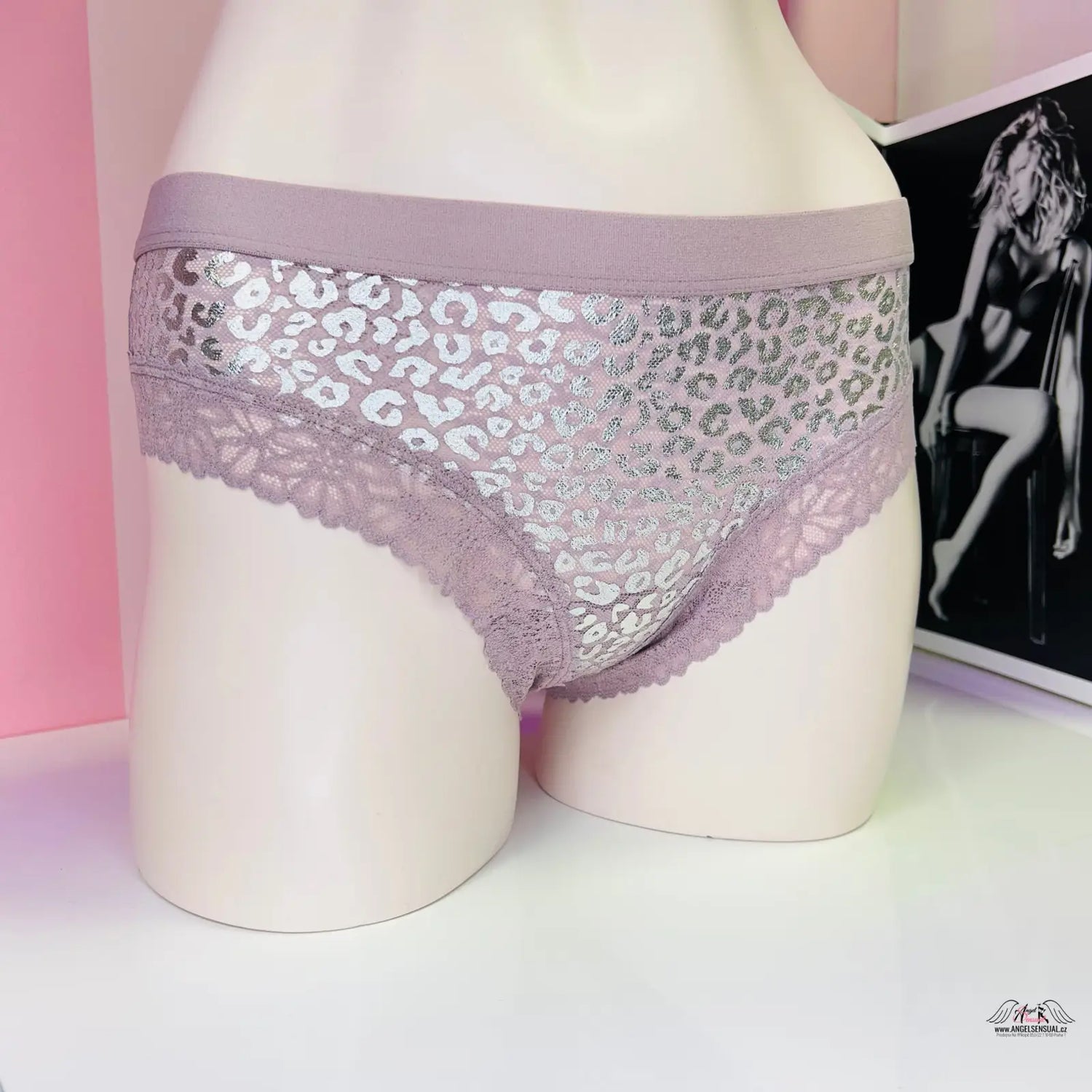 Mauve leopard-print krajkové brazilské kalhotky PINK Kalhotky Leopard Vzor s Krajkou