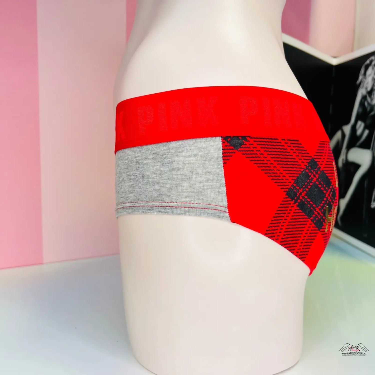 Red plaid bavlněné hipster kalhotky s širokou gumou, PINK Kalhotky s Nápisem