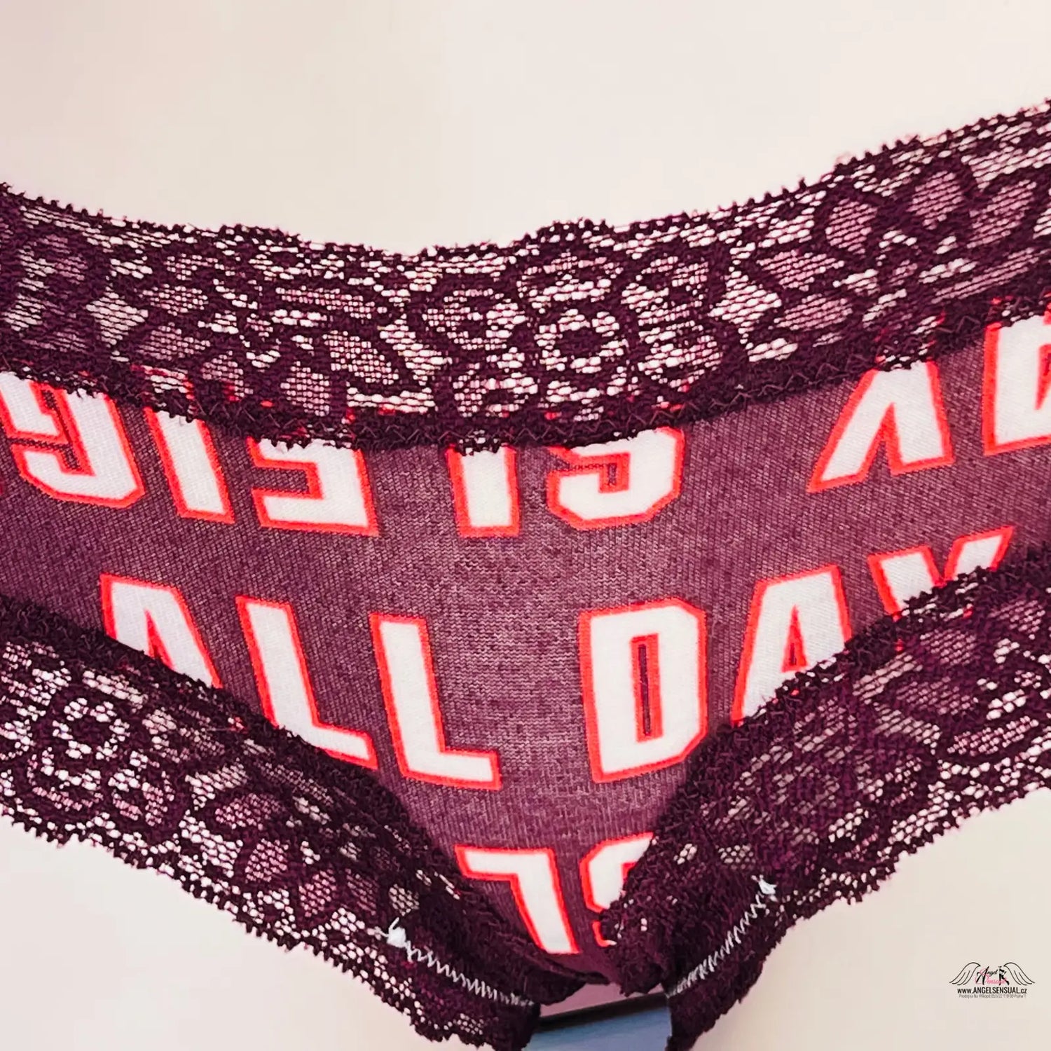 Pár fialových stylových bavlněných kalhotek s širokou krajkou a červeným textem
