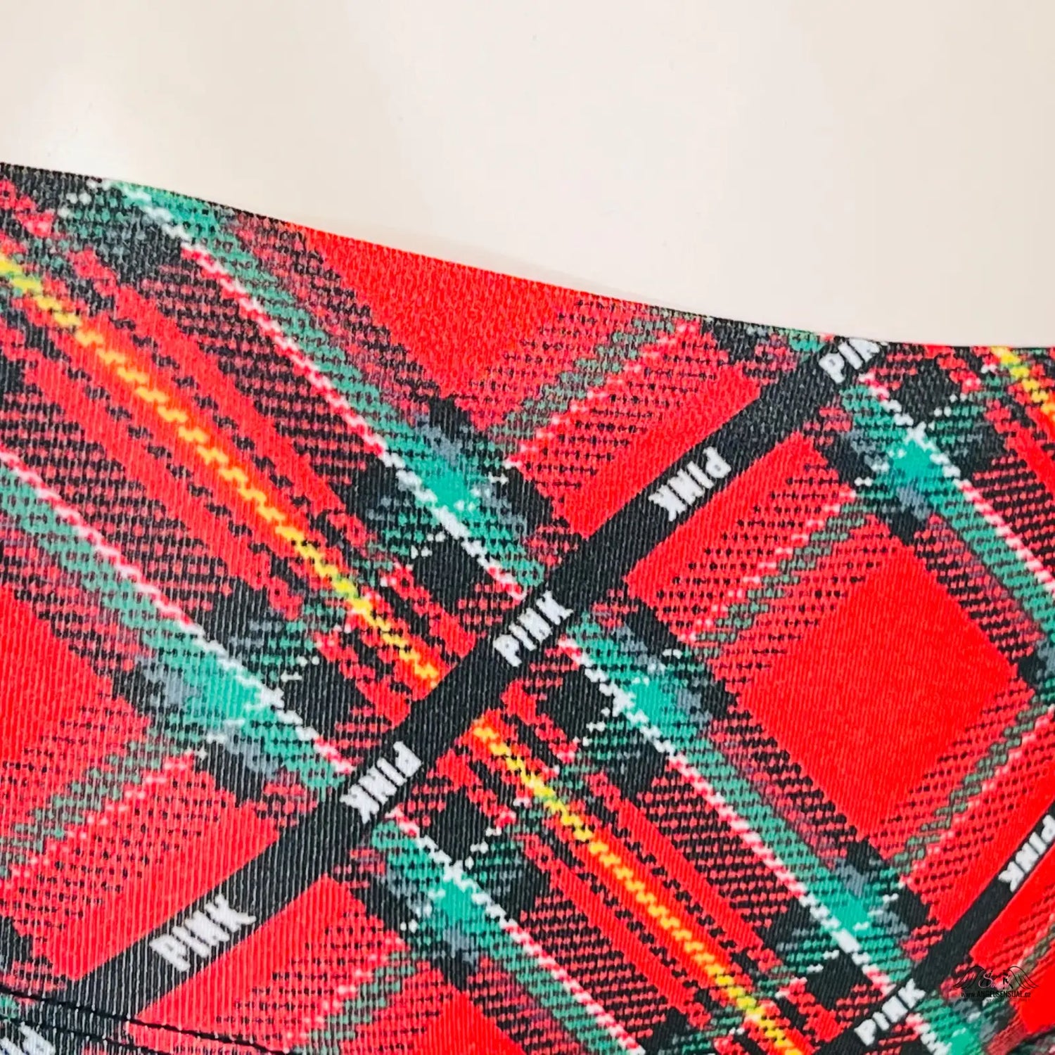 Red and green plaid fabric from PINK Kraťáskové Kalhotky with barevným motivem for lingerie and apparel & accessories