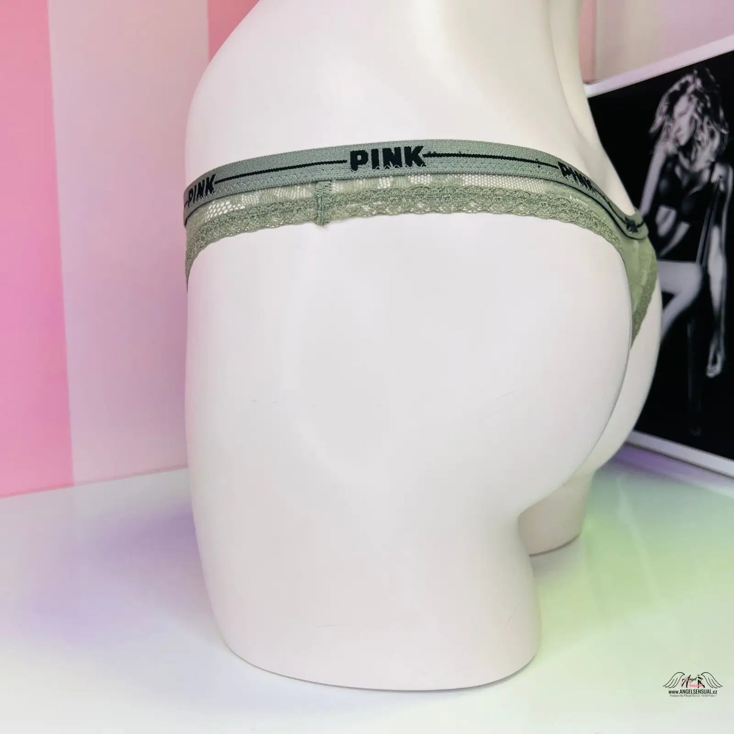 Květinová krajková tanga s elastickým pasem v zelené barvě - PINK Tanga Květinová Krajka