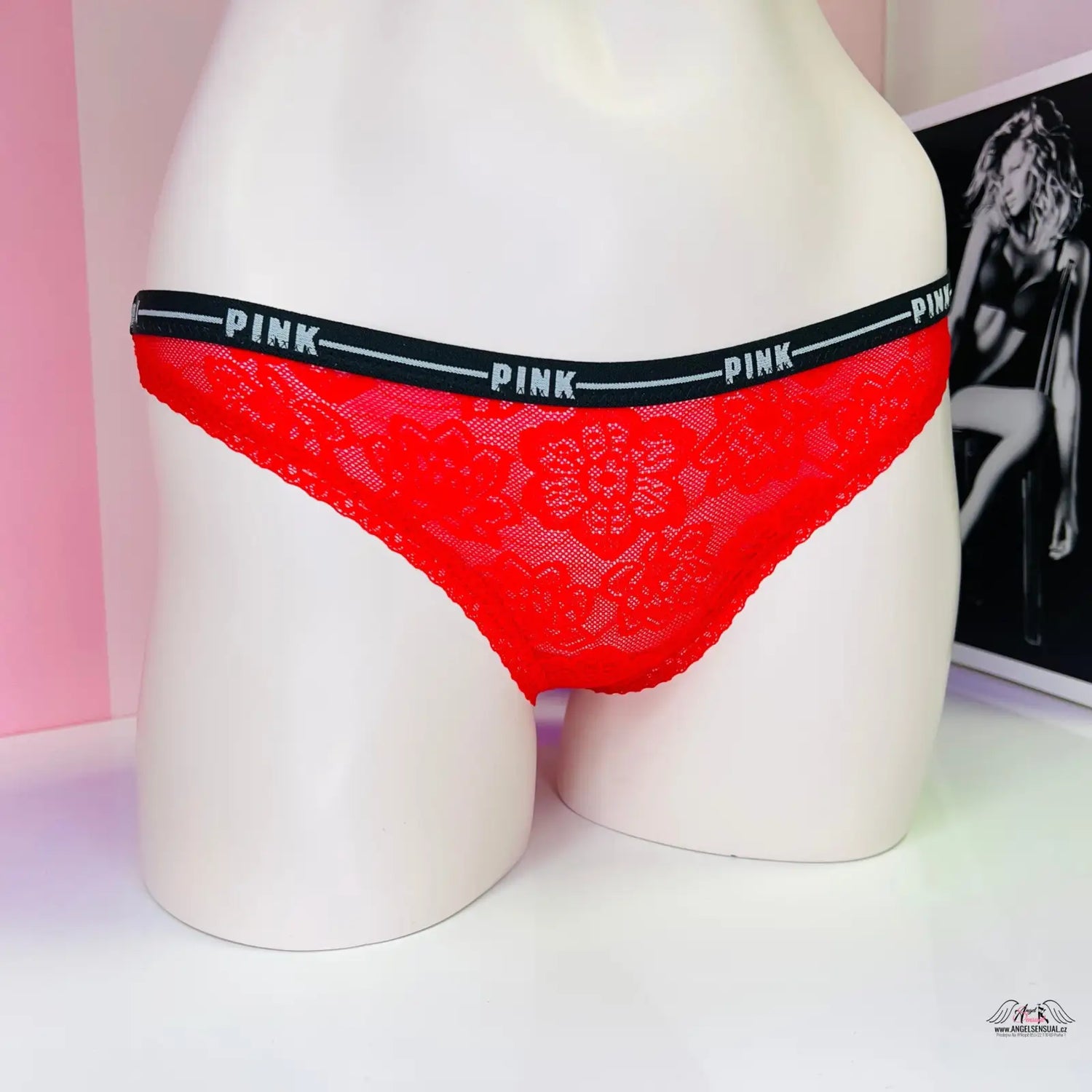 Červená krajková tanga s elastickým pasem a květinovým vzorem, PINK Tanga Květinová Krajka