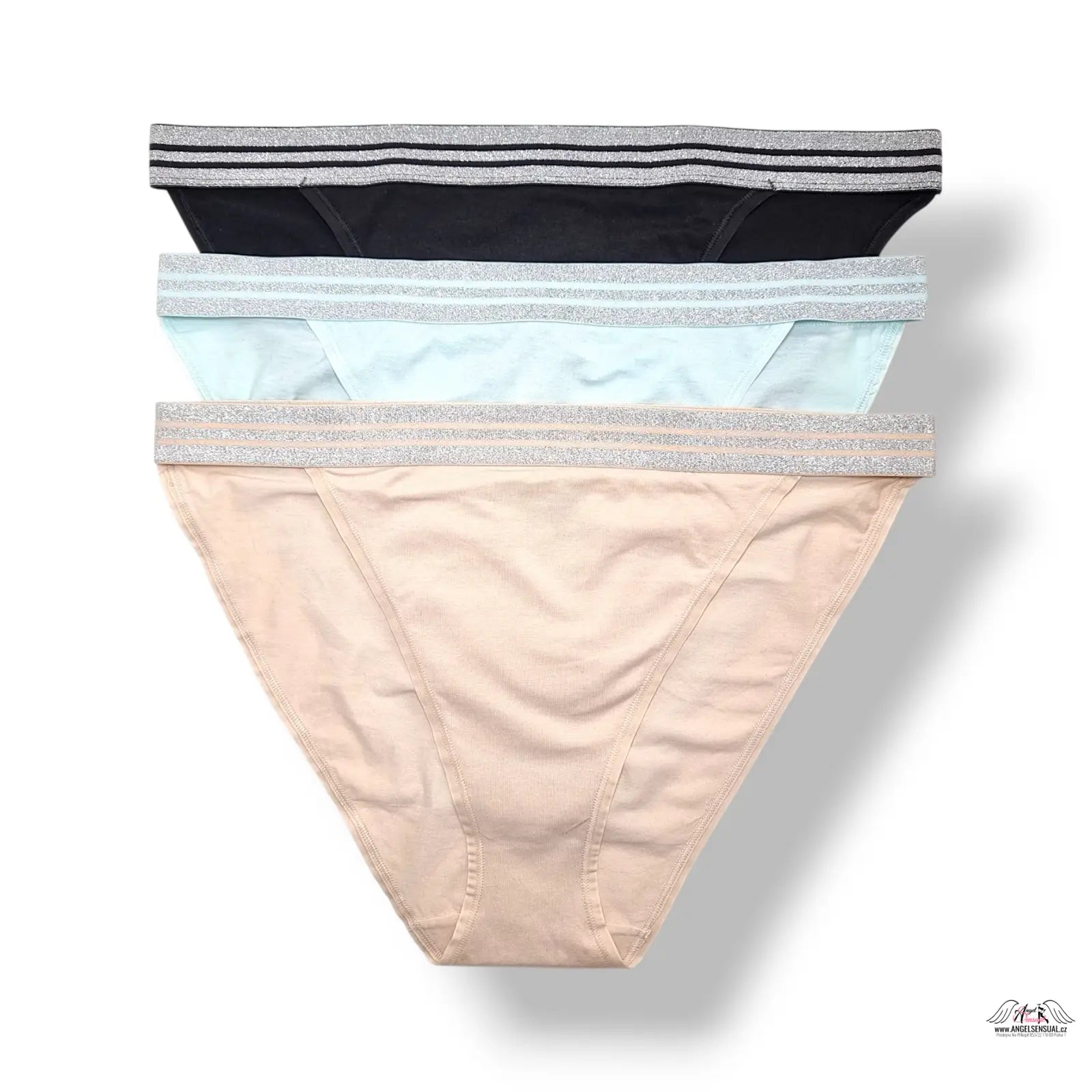 4balení dámského spodního prádla Victoria’s Secret XL bavlněné bikini kalhotky v černé, světle modré, béžové a růžové barvě se