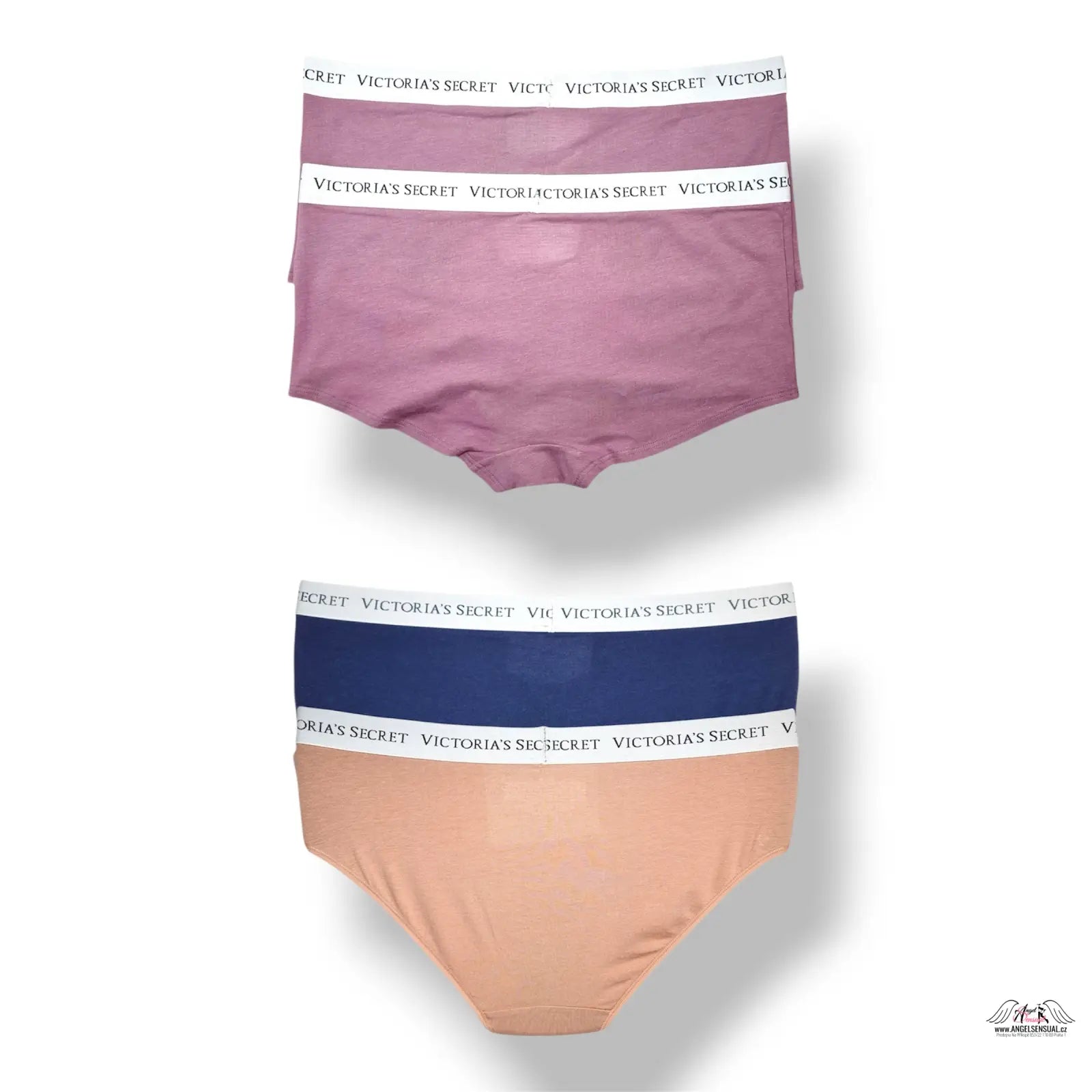Victoria’s Secret 4-balíček XL logo bavlněné kalhotky v růžové, modré a broskvové barvě s bílými pasy