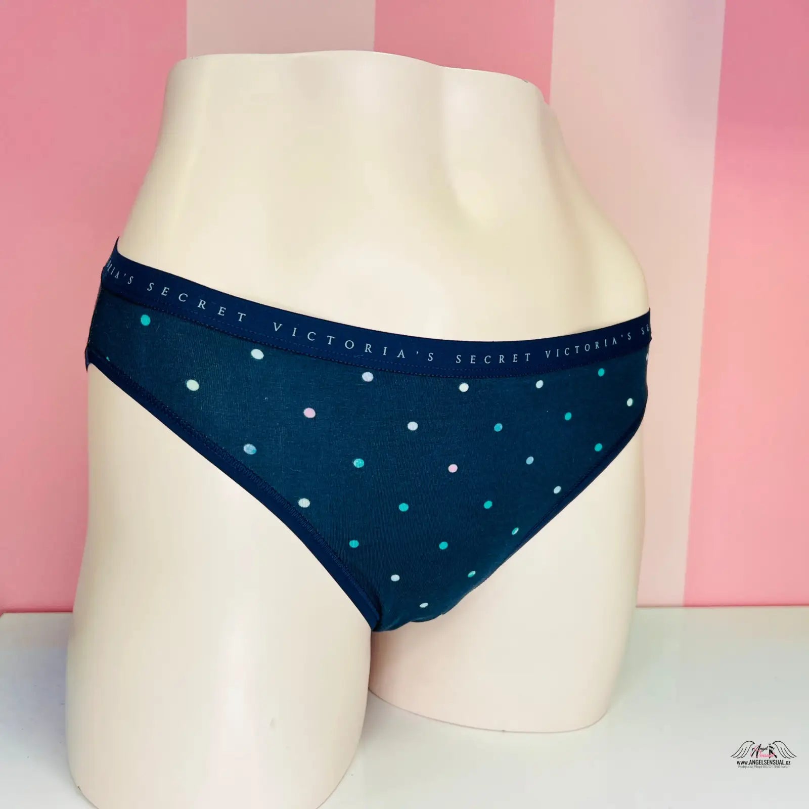 Dark blue bavlněné kalhotky Victoria’s Secret s jemnou gumou a polka dot vzorem