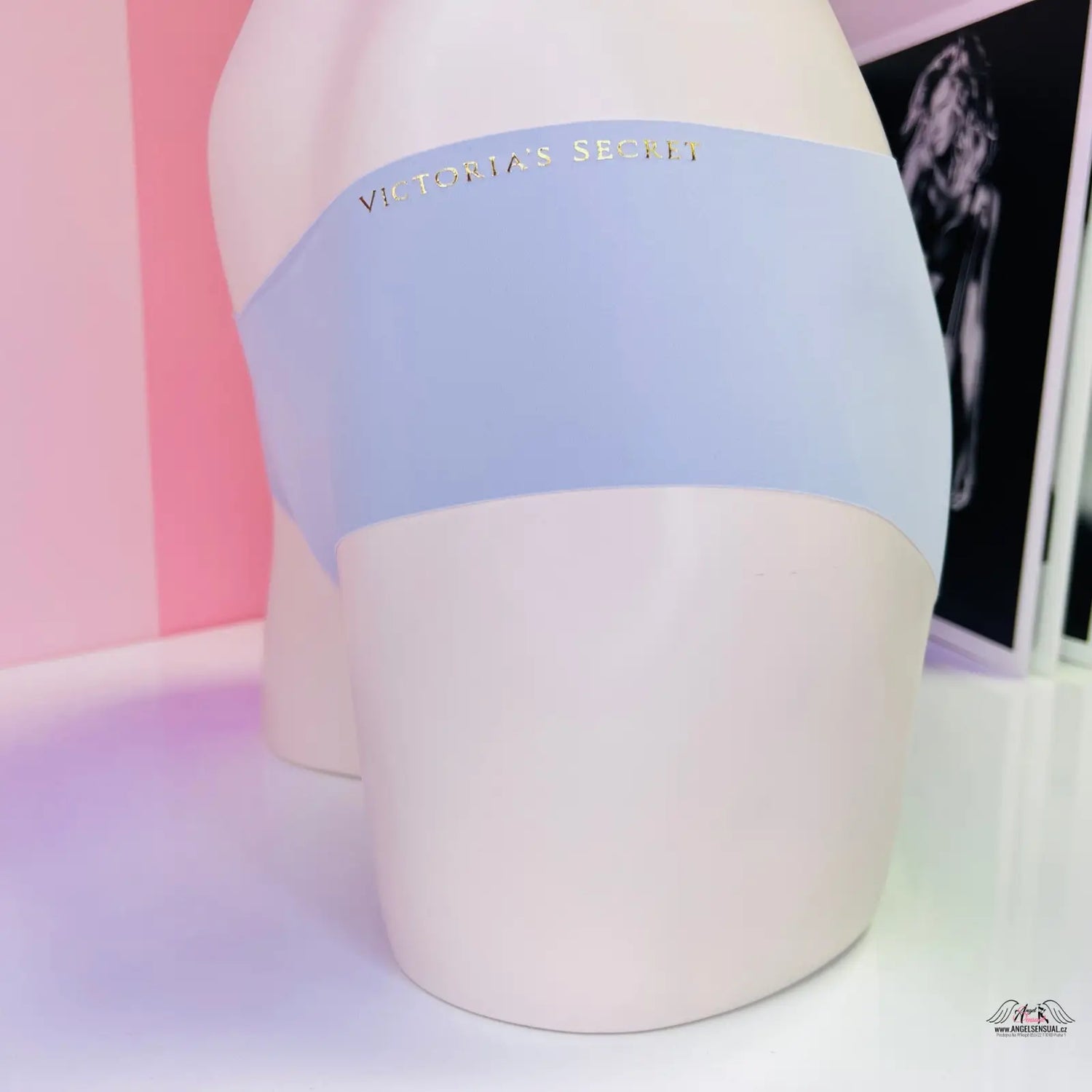 Bílá váza s modrým pruhem, součást bezešvé kalhotky Victoria’s Secret lingerie