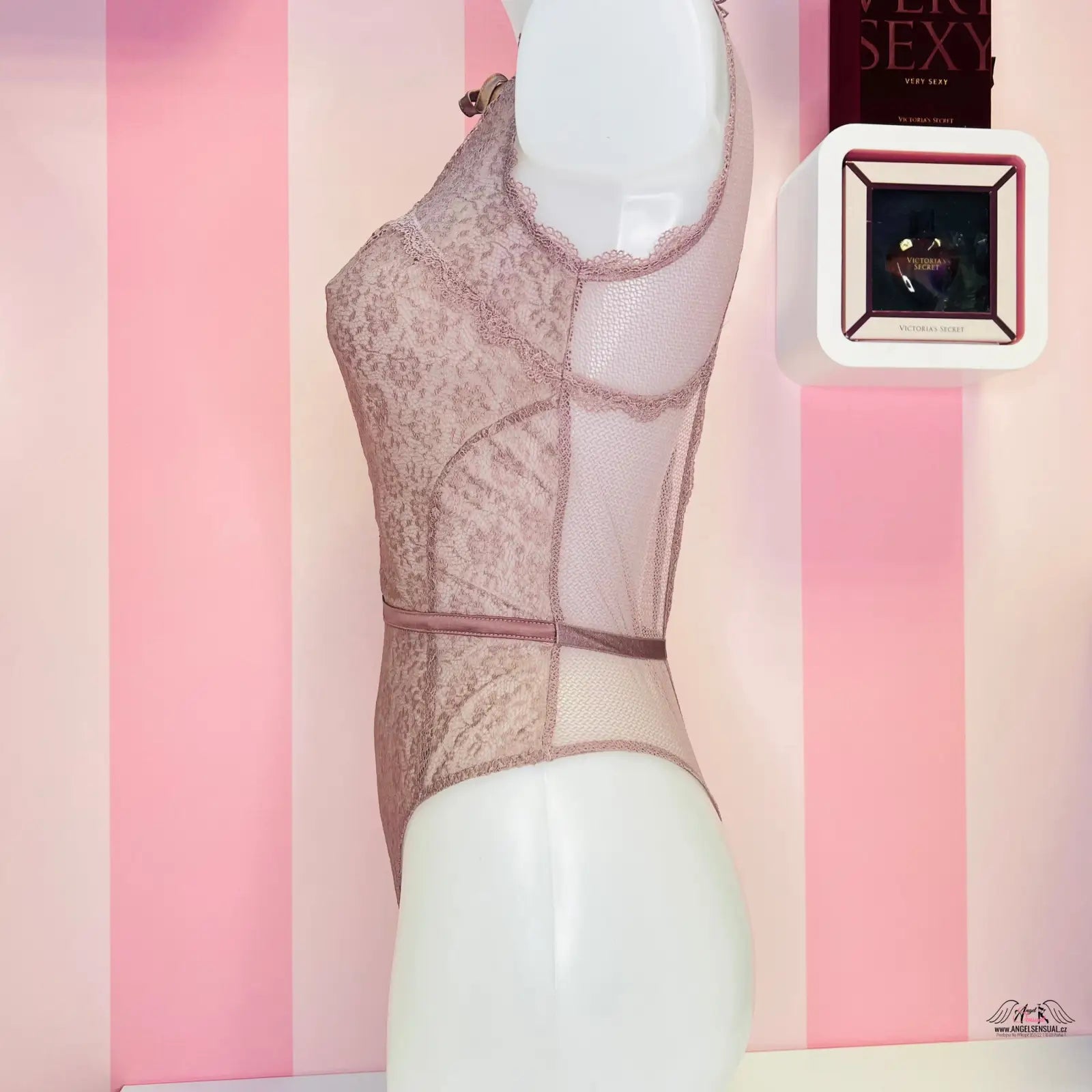 Lacy bledě růžové krajkové body s ohromujícím výstřihem na manekýně