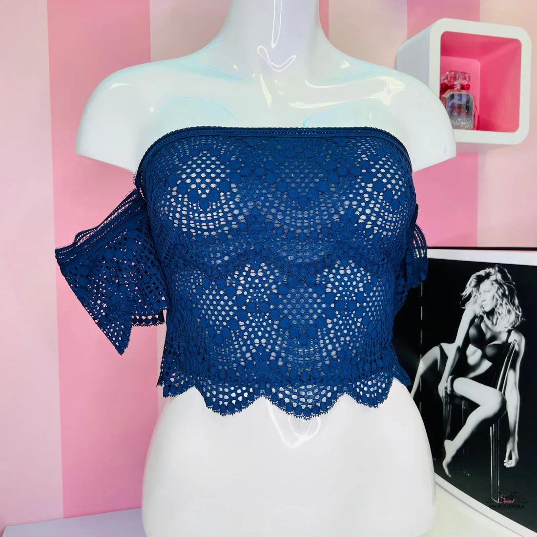 Navy modrý krajkový top bez ramínek Victoria’s Secret Braletka Krajková