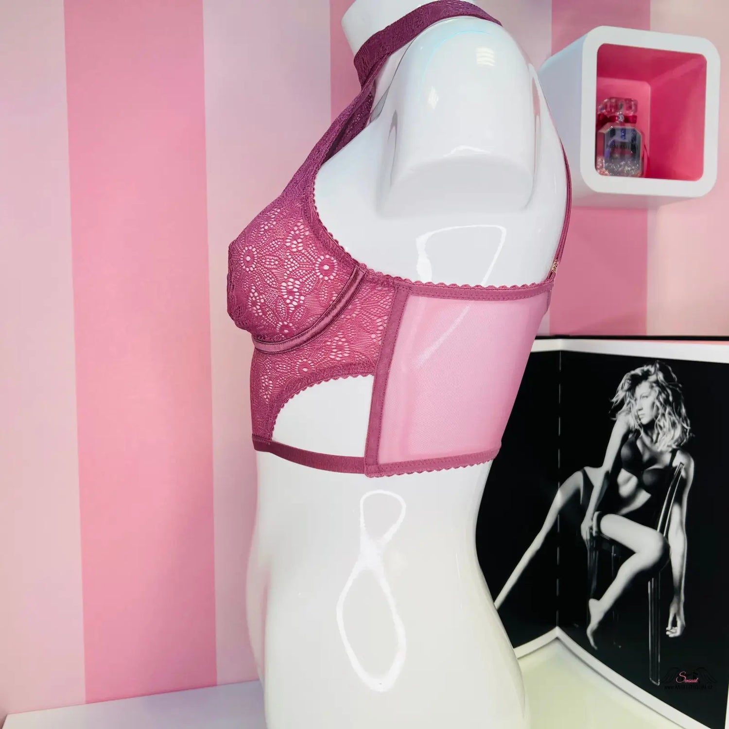 Mauve krajková a síťovaná sexy braletka s ozdobnými pásky a zlatou sponou