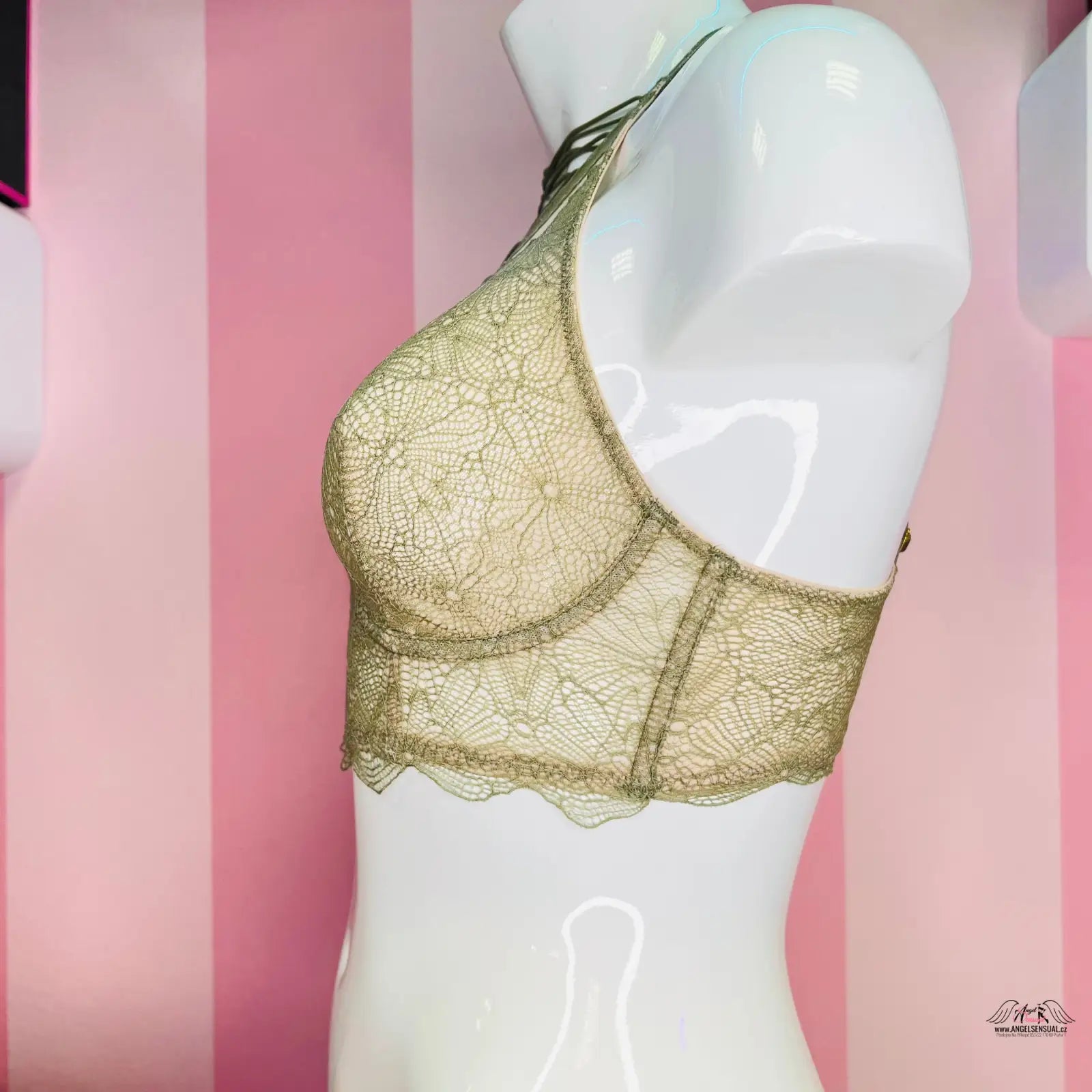 Podprsenka Victoria’s Secret s vyšívanou krajkou a zlatým vzorem, překříženými ramínky