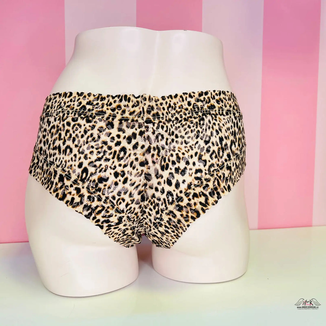 Leopard print underwear Victoria’s Secret brazilky displayed on a white mannequin form