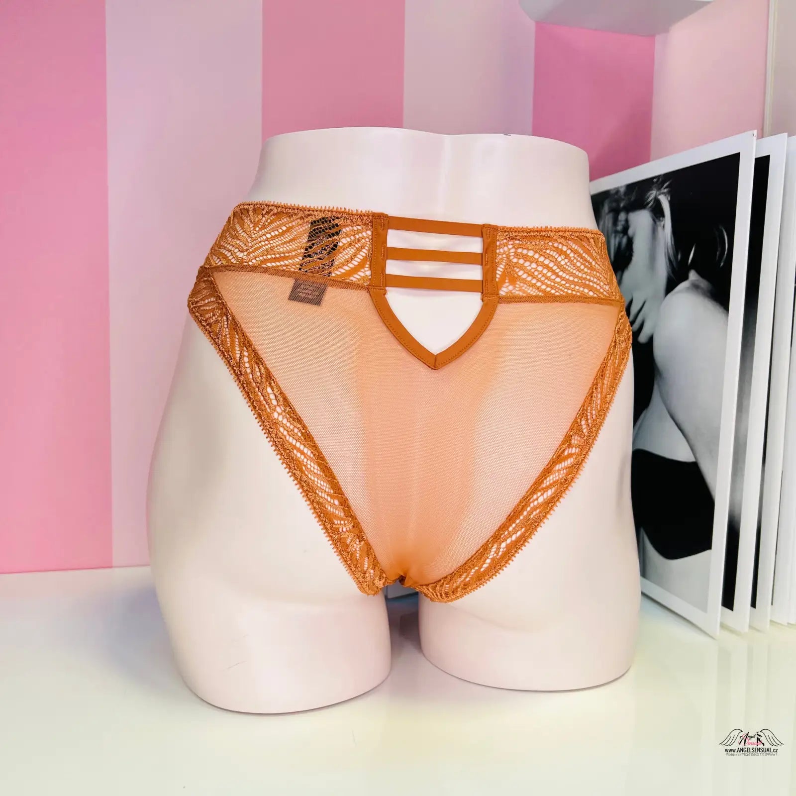 Oranžové krajkové a síťované dámské spodní prádlo Victoria’s Secret s vysokým pasem