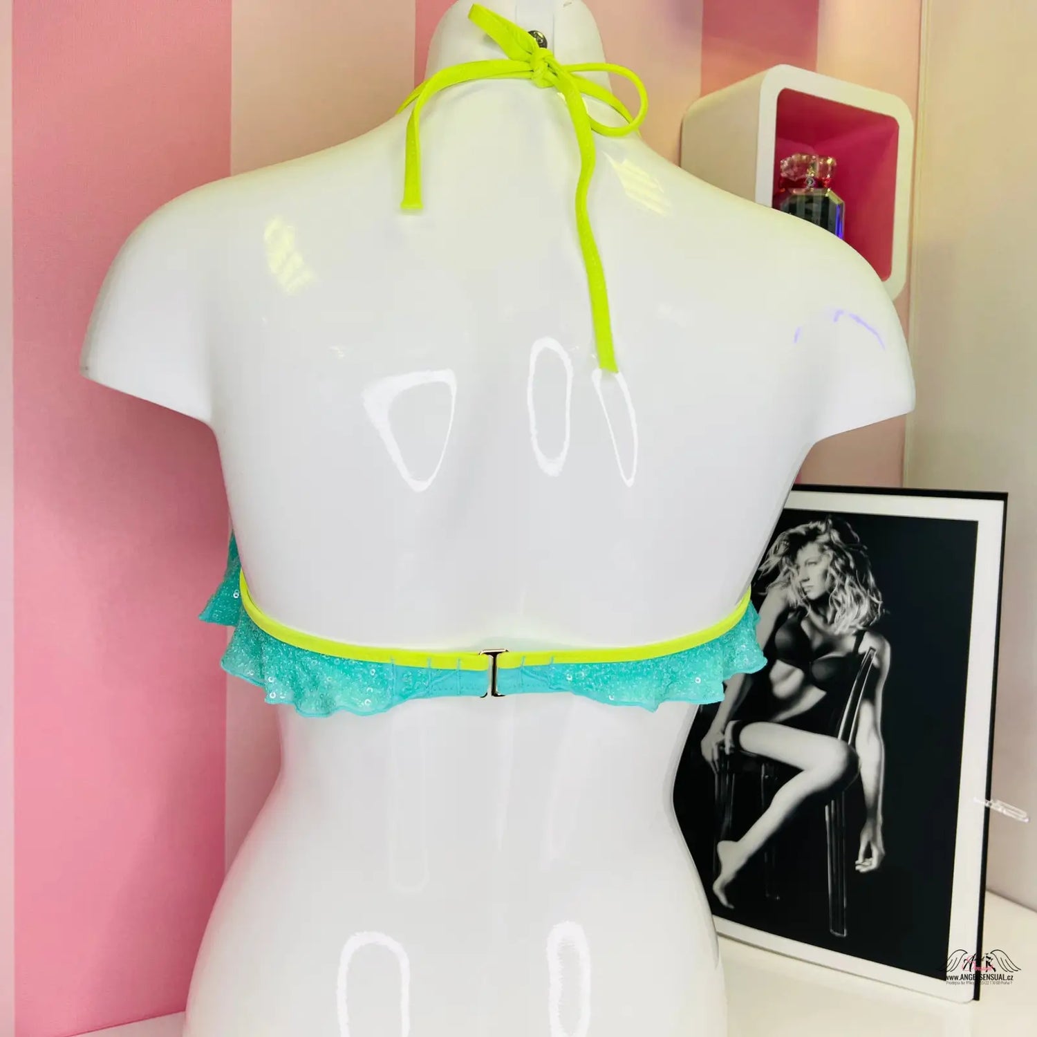 Aqua a neon žlutý horní díl plavek s volánky a flitry, stylový horní díl plavek