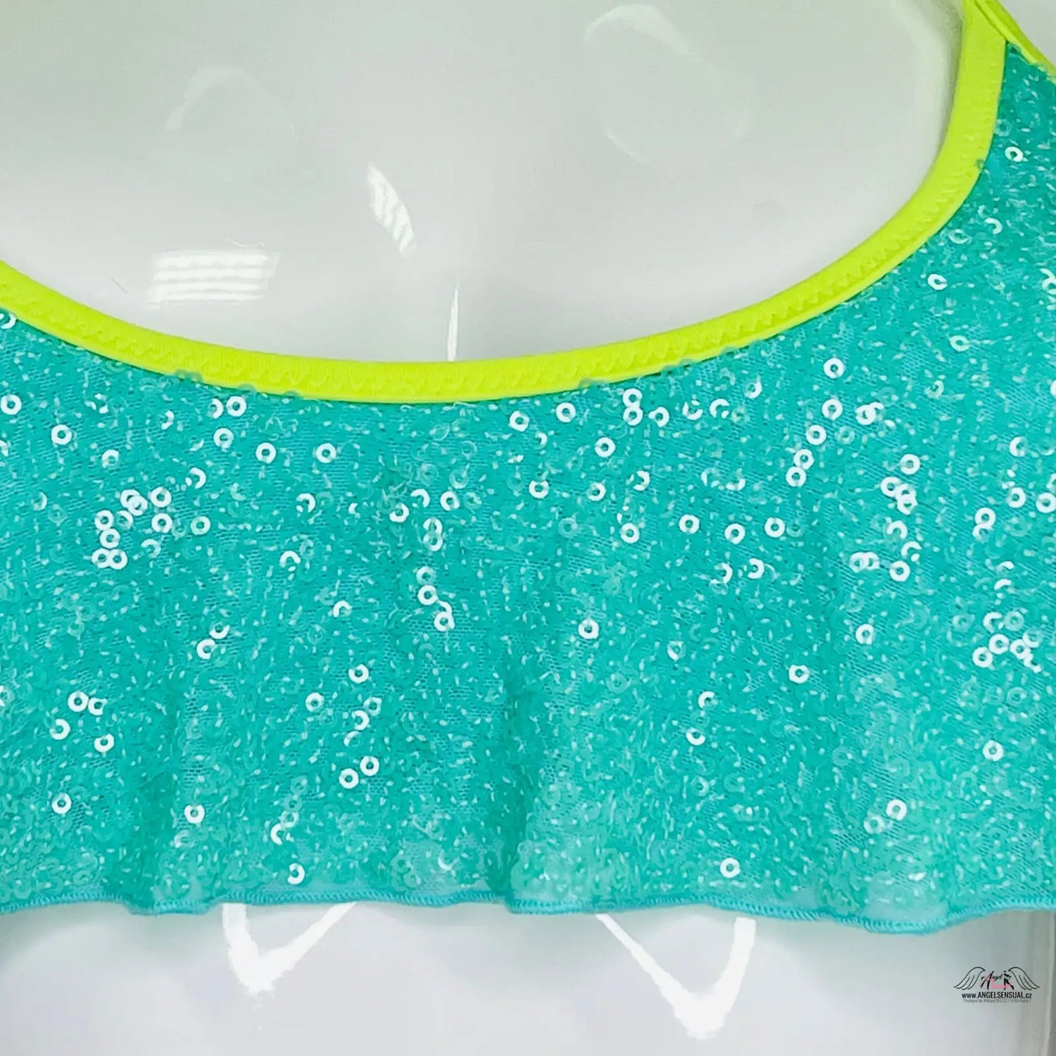 Aqua sequined swimsuit top, stylový horní díl plavek s volánky a flitry