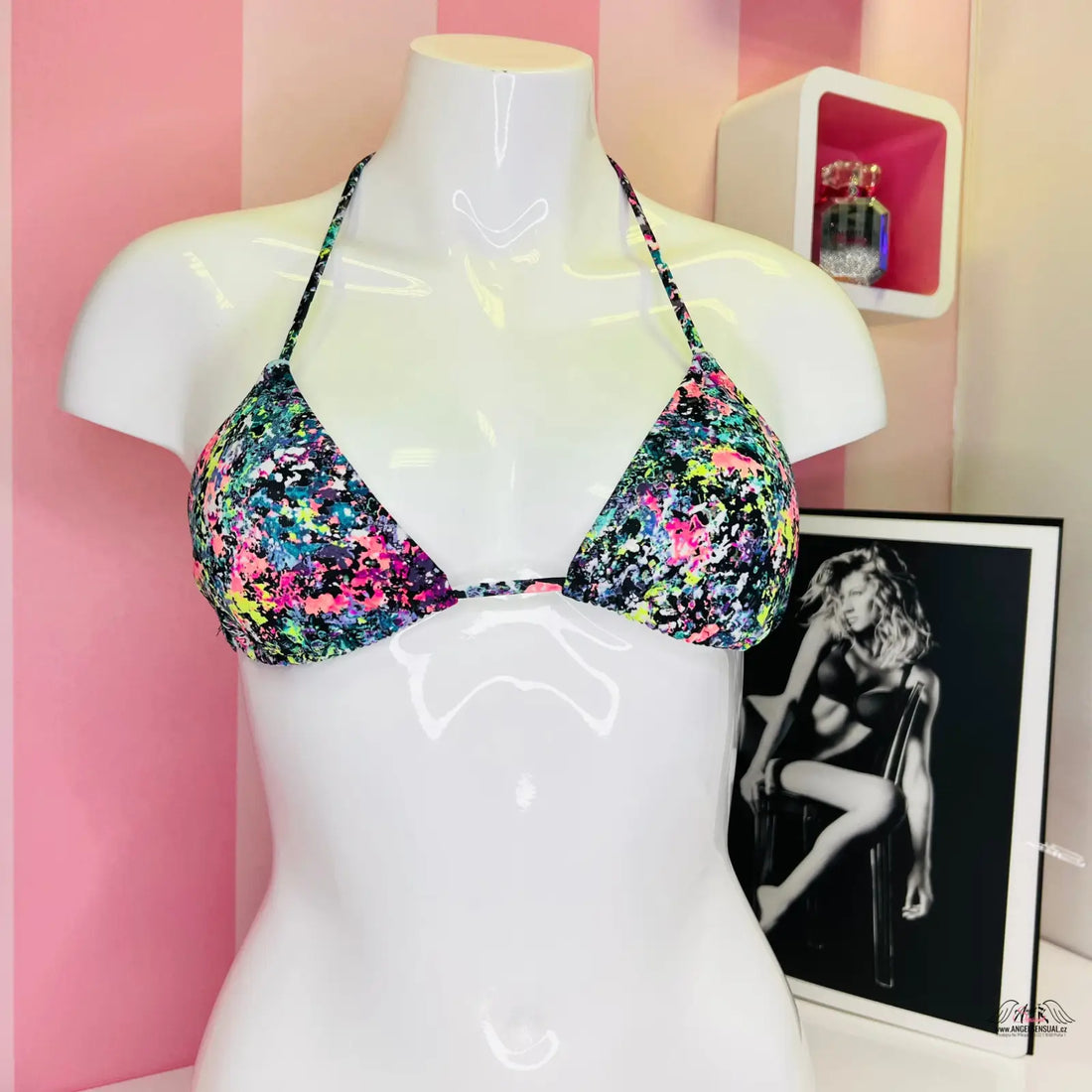 Třpytivý horní díl plavek Victoria’s Secret s šňůrkovým zavazováním a barevnými trojúhelníky