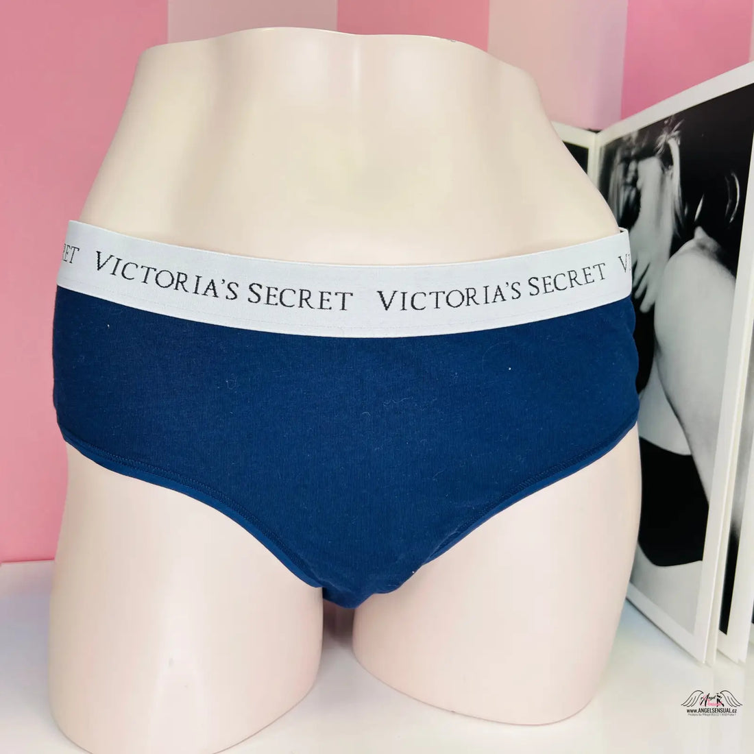 Navy blue bavlněné kalhotky Victoria’s Secret s širší gumou a branded elastickým pasem